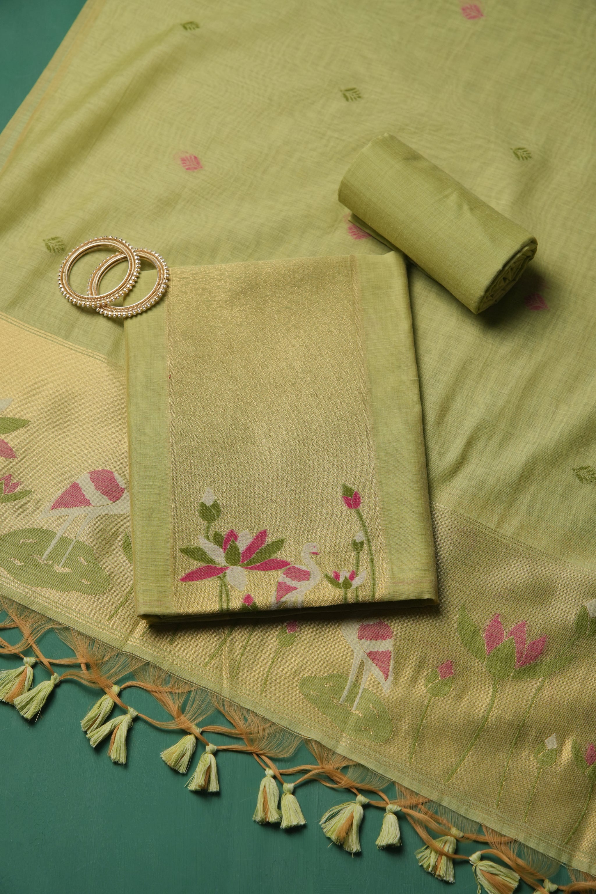 Woven Charm Green Muga Cotton Unstitched Suit Set