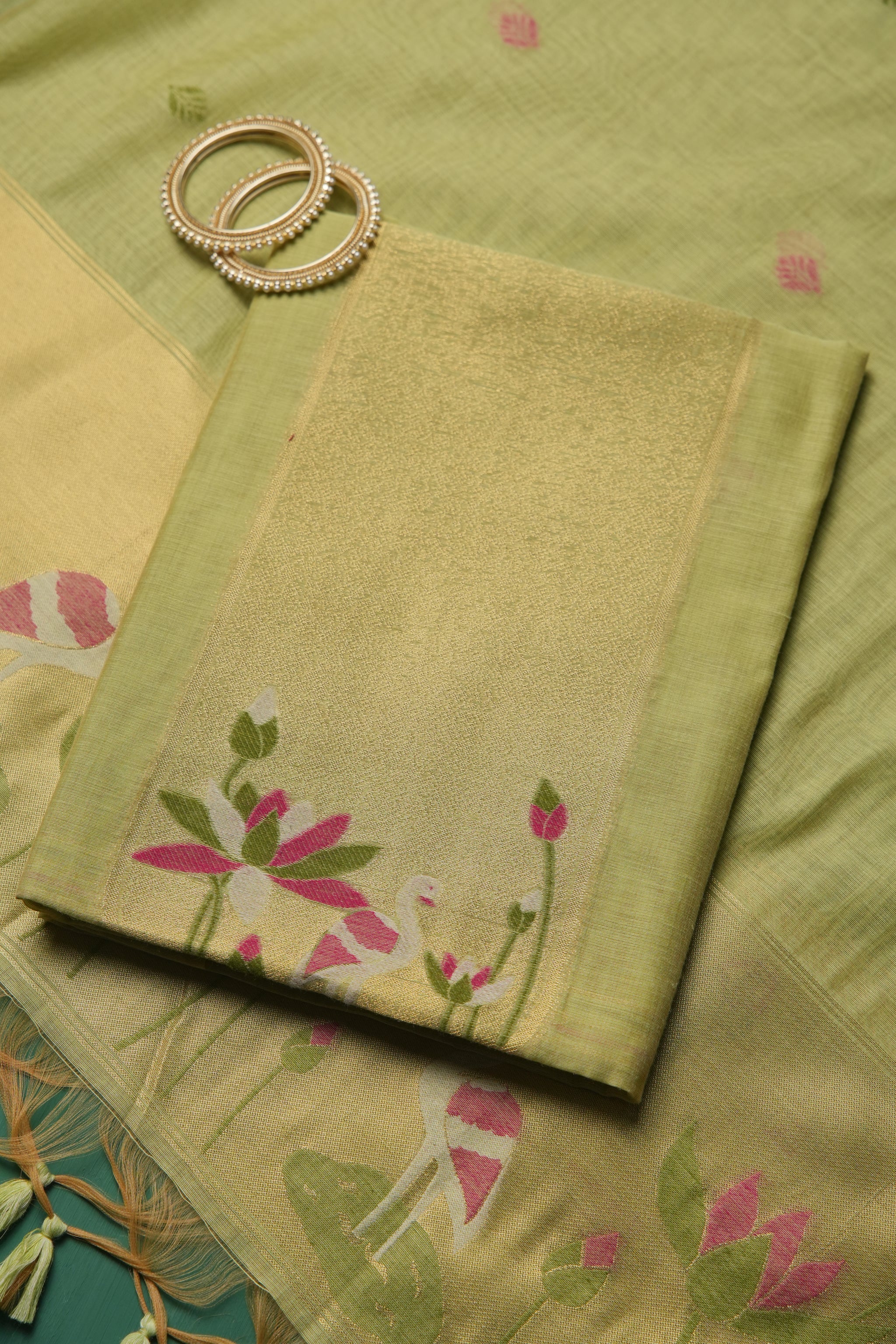 Woven Charm Green Muga Cotton Unstitched Suit Set