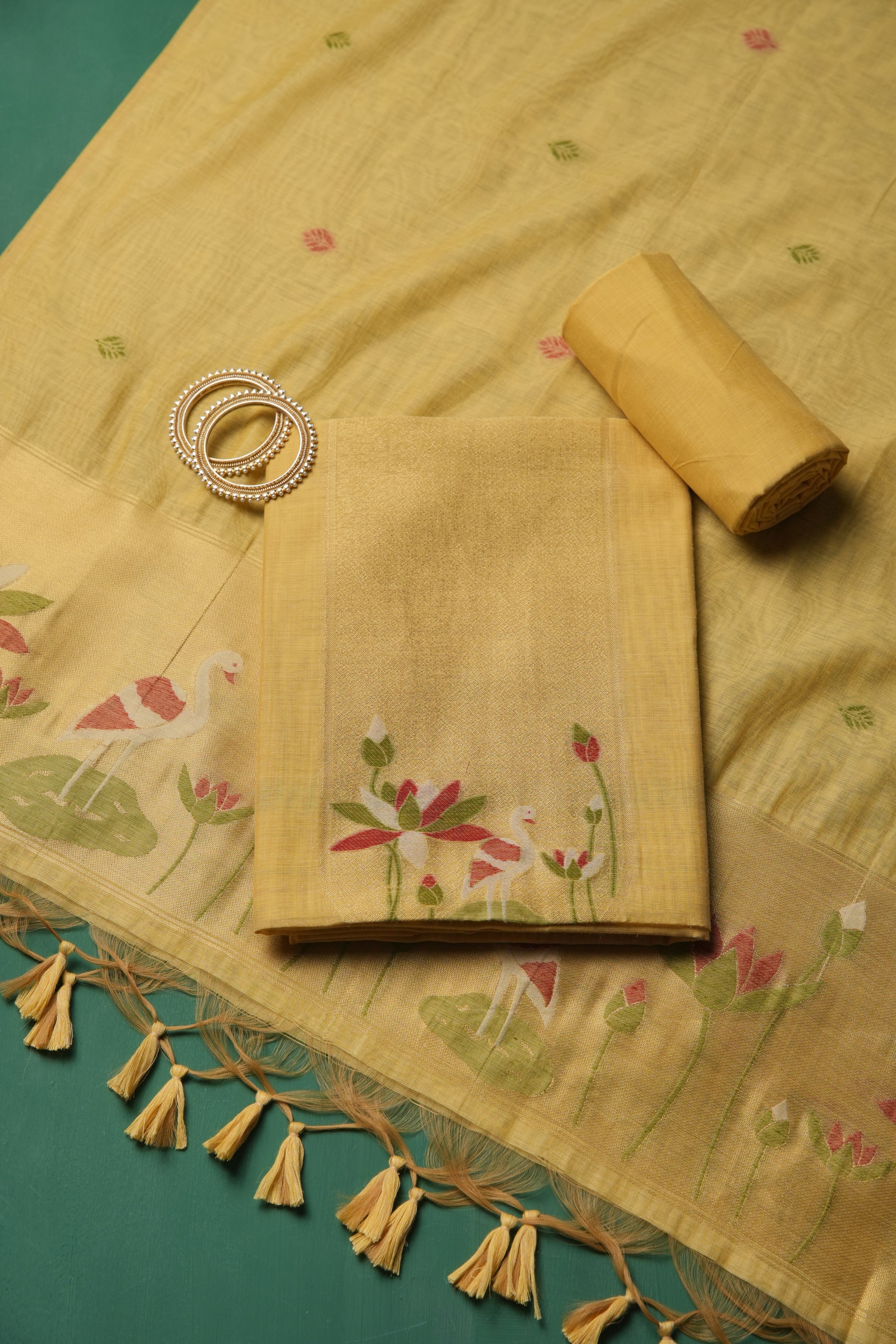 Woven Charm Yellow Muga Cotton Unstitched Suit Set