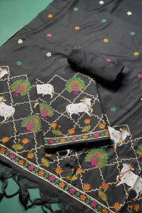 Regal Touch Black Pichwai Jamdani Soft Cotton Unstitched Suit Set