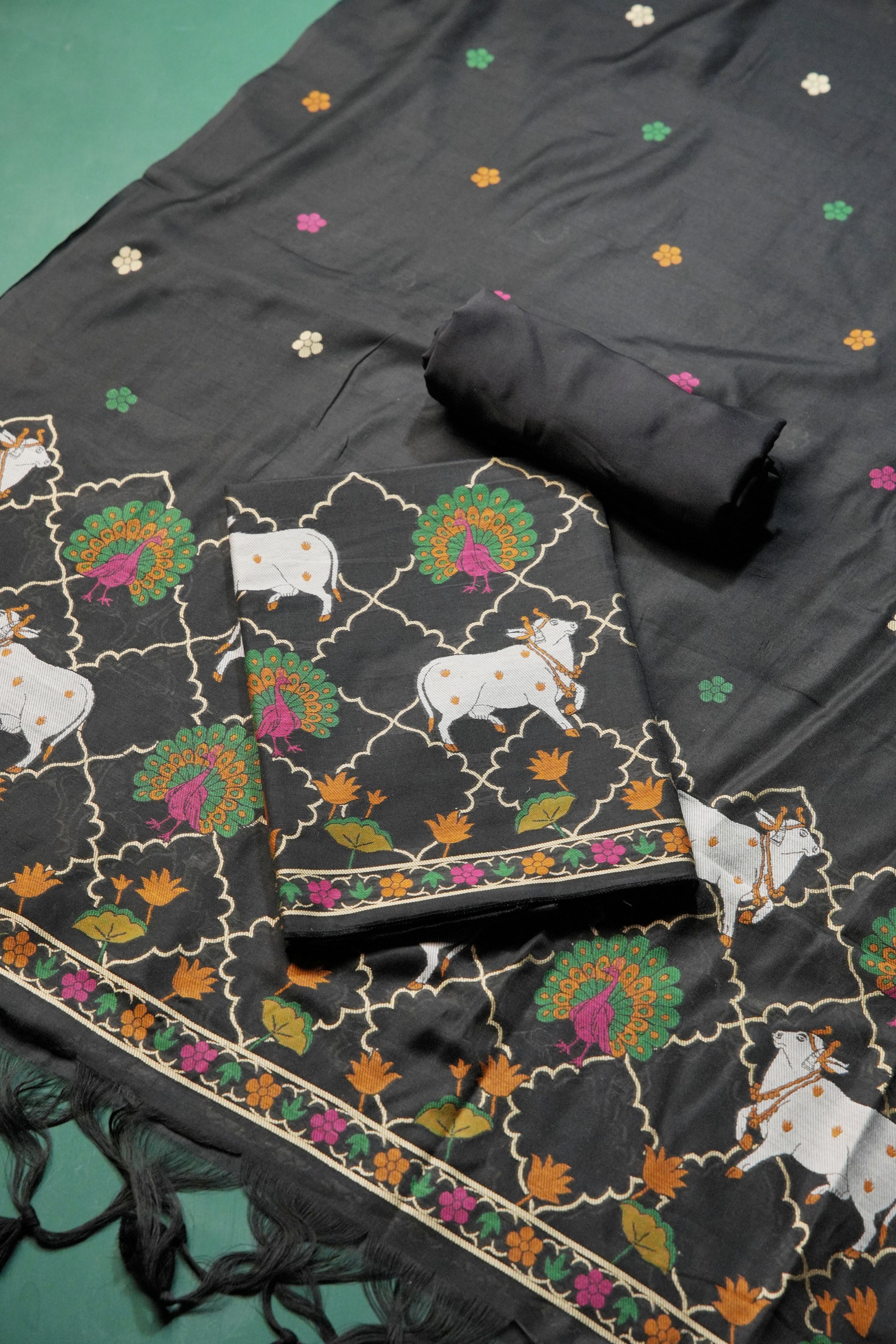 Regal Touch Black Pichwai Jamdani Soft Cotton Unstitched Suit Set