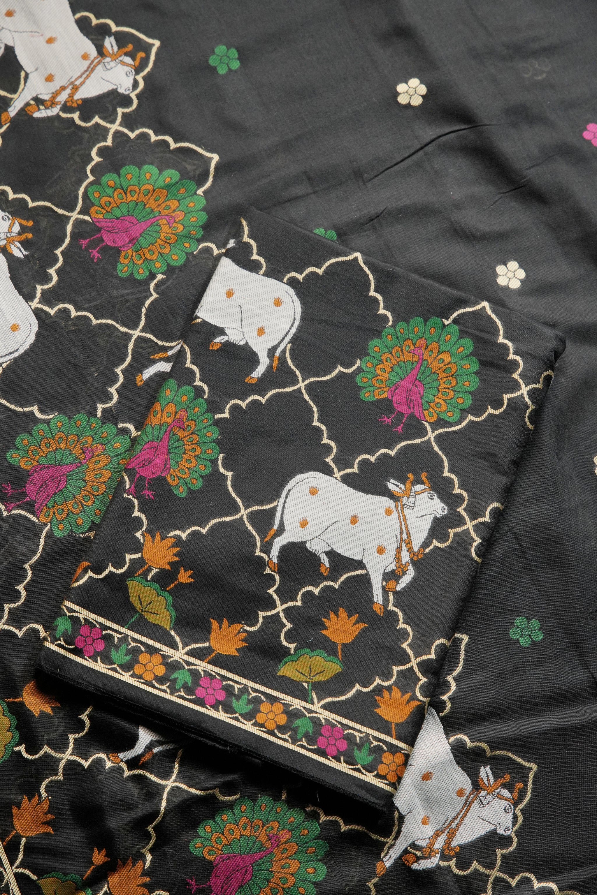 Regal Touch Black Pichwai Jamdani Soft Cotton Unstitched Suit Set