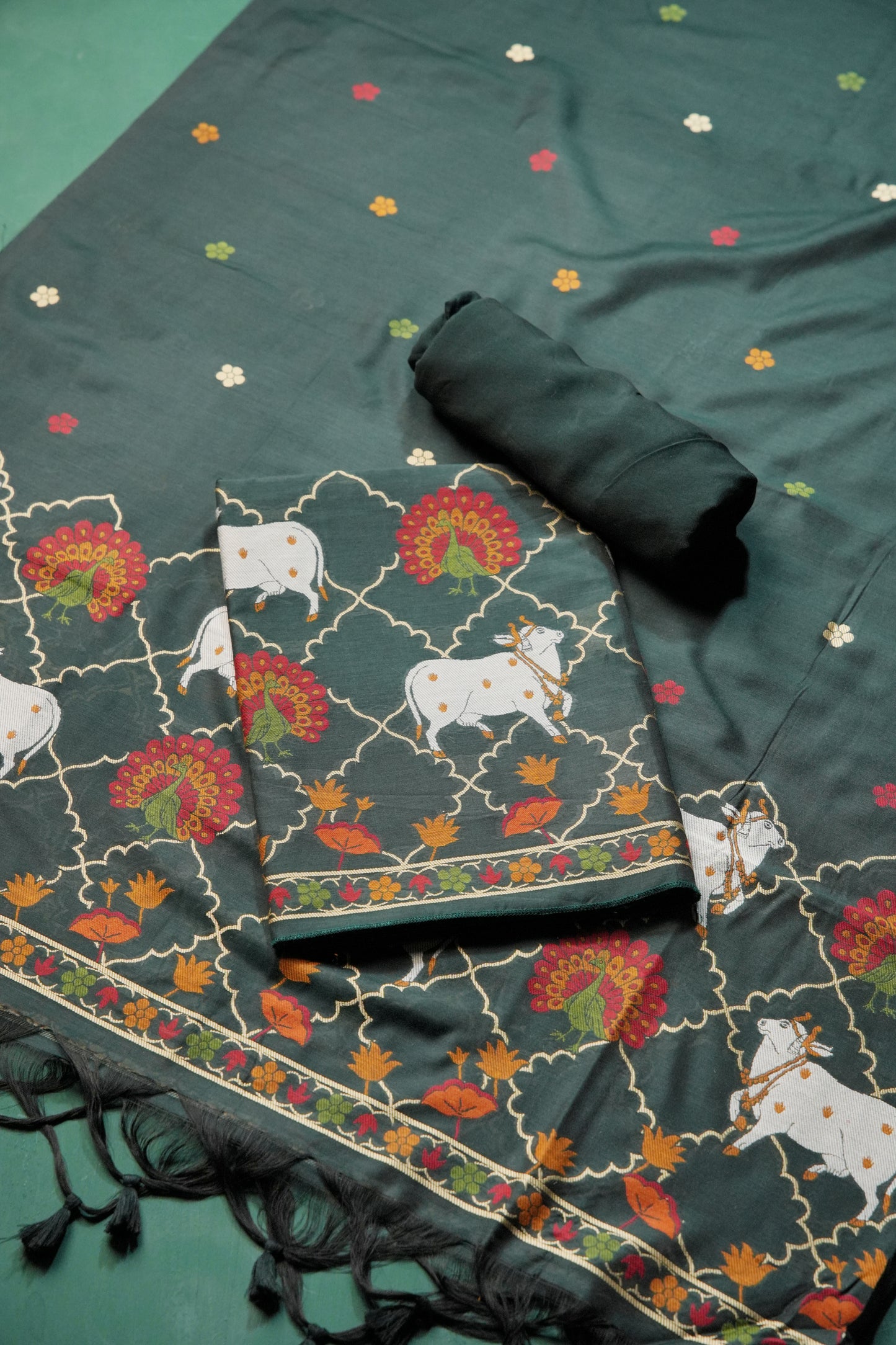 Regal Touch Dark Green Pichwai Jamdani Soft Cotton Unstitched Suit Set