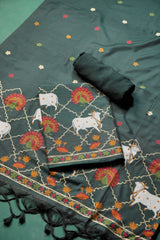 Regal Touch Dark Green Pichwai Jamdani Soft Cotton Unstitched Suit Set