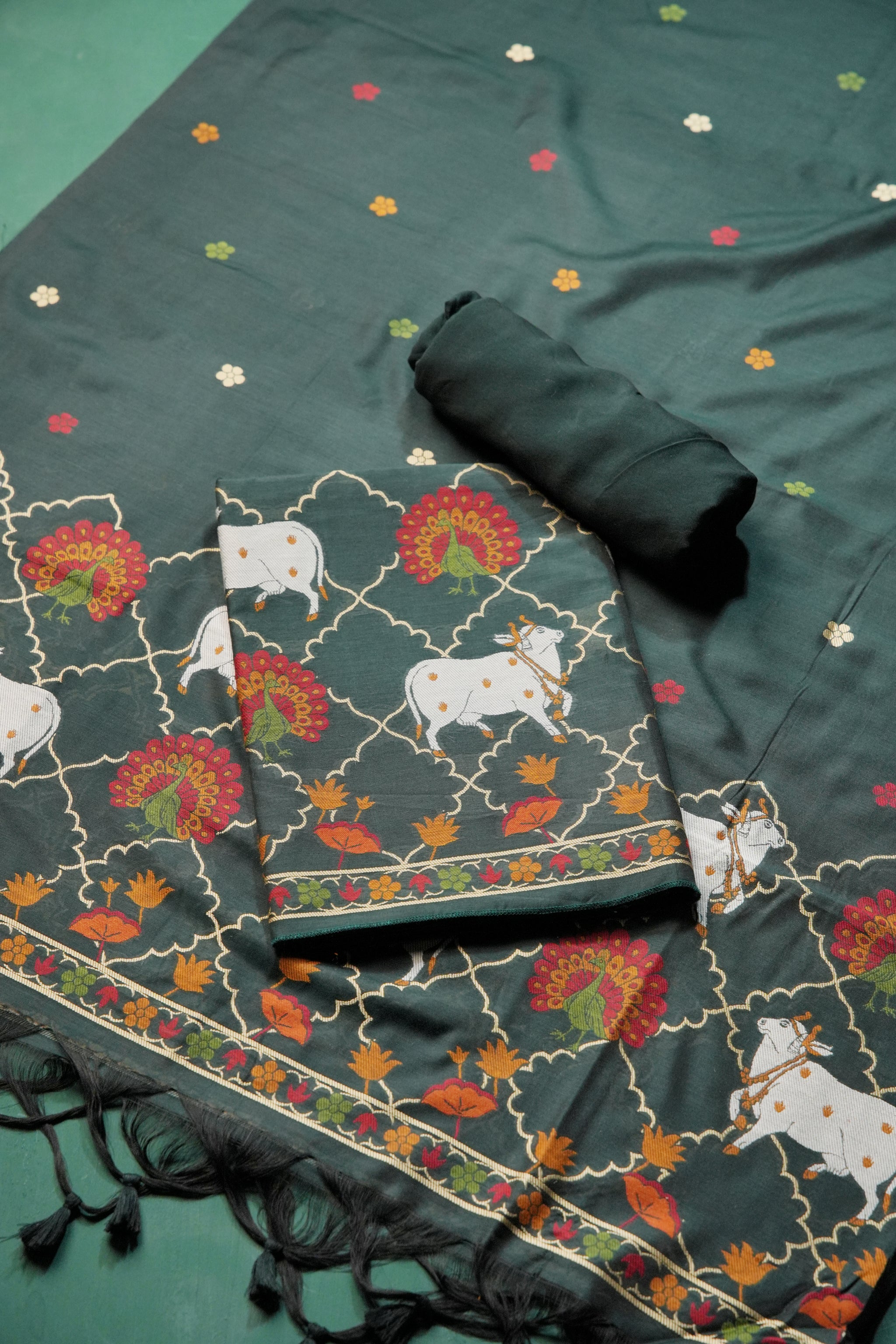 Regal Touch Dark Green Pichwai Jamdani Soft Cotton Unstitched Suit Set