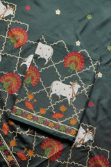 Regal Touch Dark Green Pichwai Jamdani Soft Cotton Unstitched Suit Set