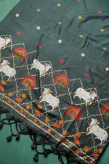 Regal Touch Dark Green Pichwai Jamdani Soft Cotton Unstitched Suit Set