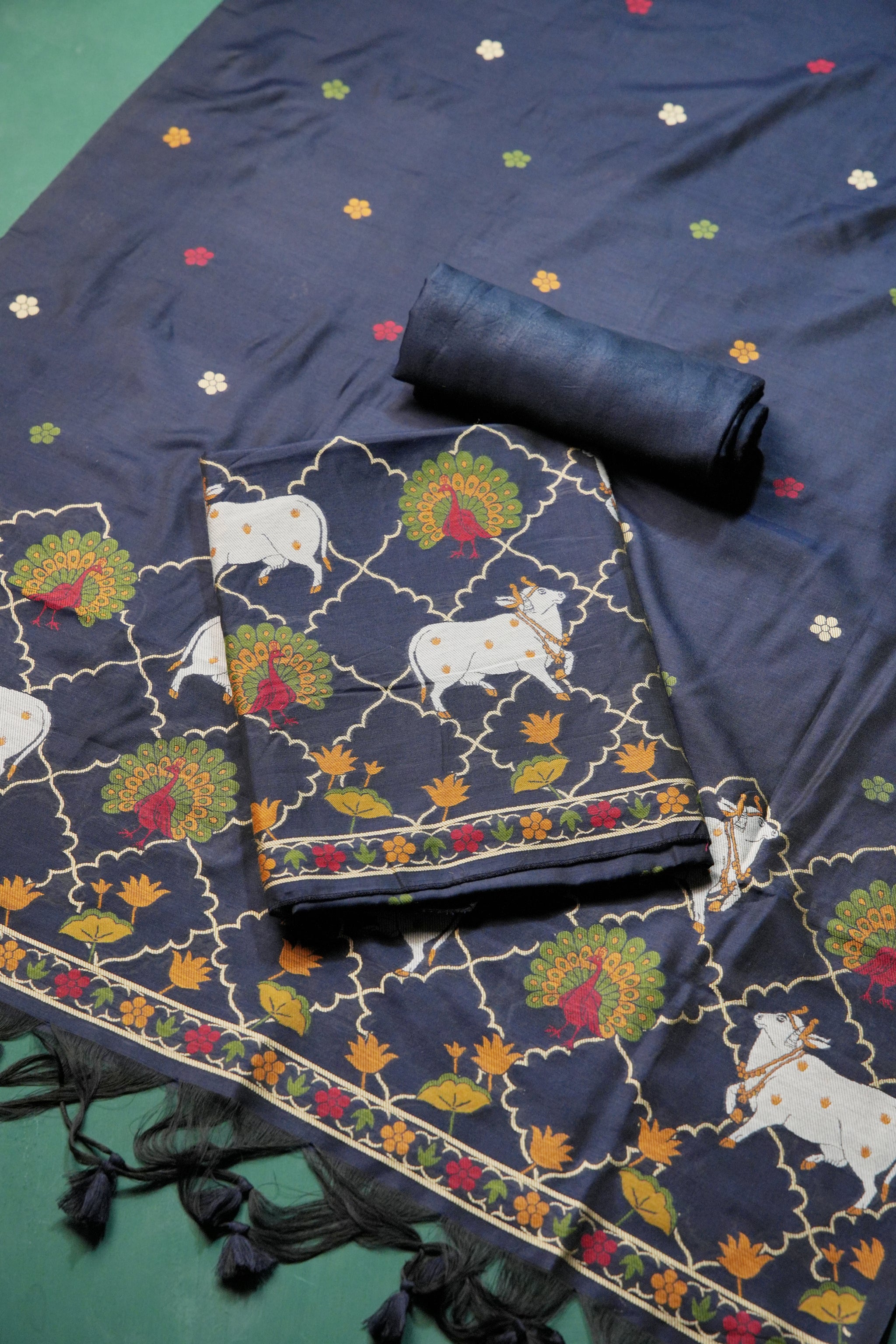 Regal Touch Navy Pichwai Jamdani Soft Cotton Unstitched Suit Set