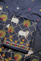 Regal Touch Navy Pichwai Jamdani Soft Cotton Unstitched Suit Set