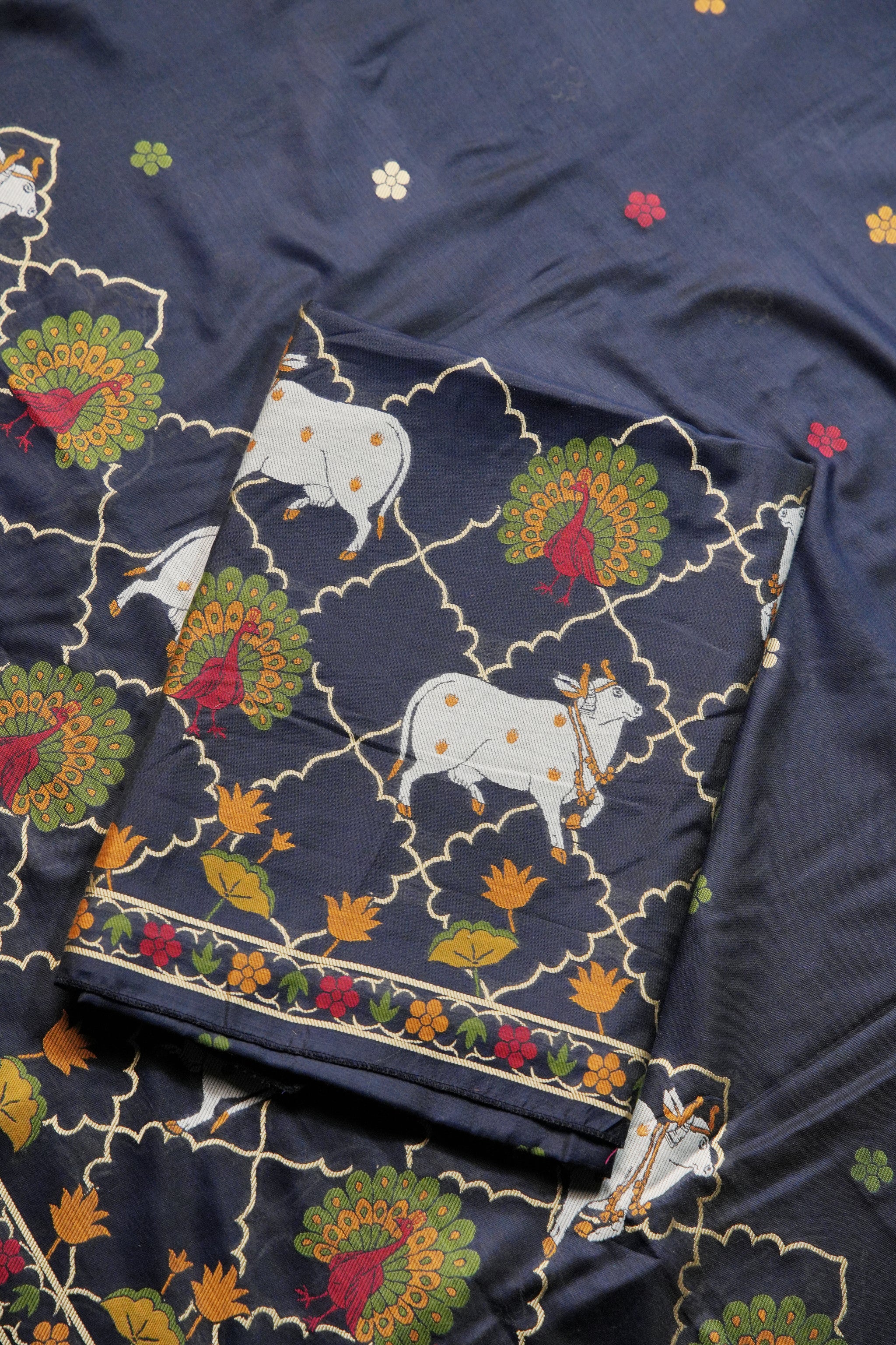 Regal Touch Navy Pichwai Jamdani Soft Cotton Unstitched Suit Set