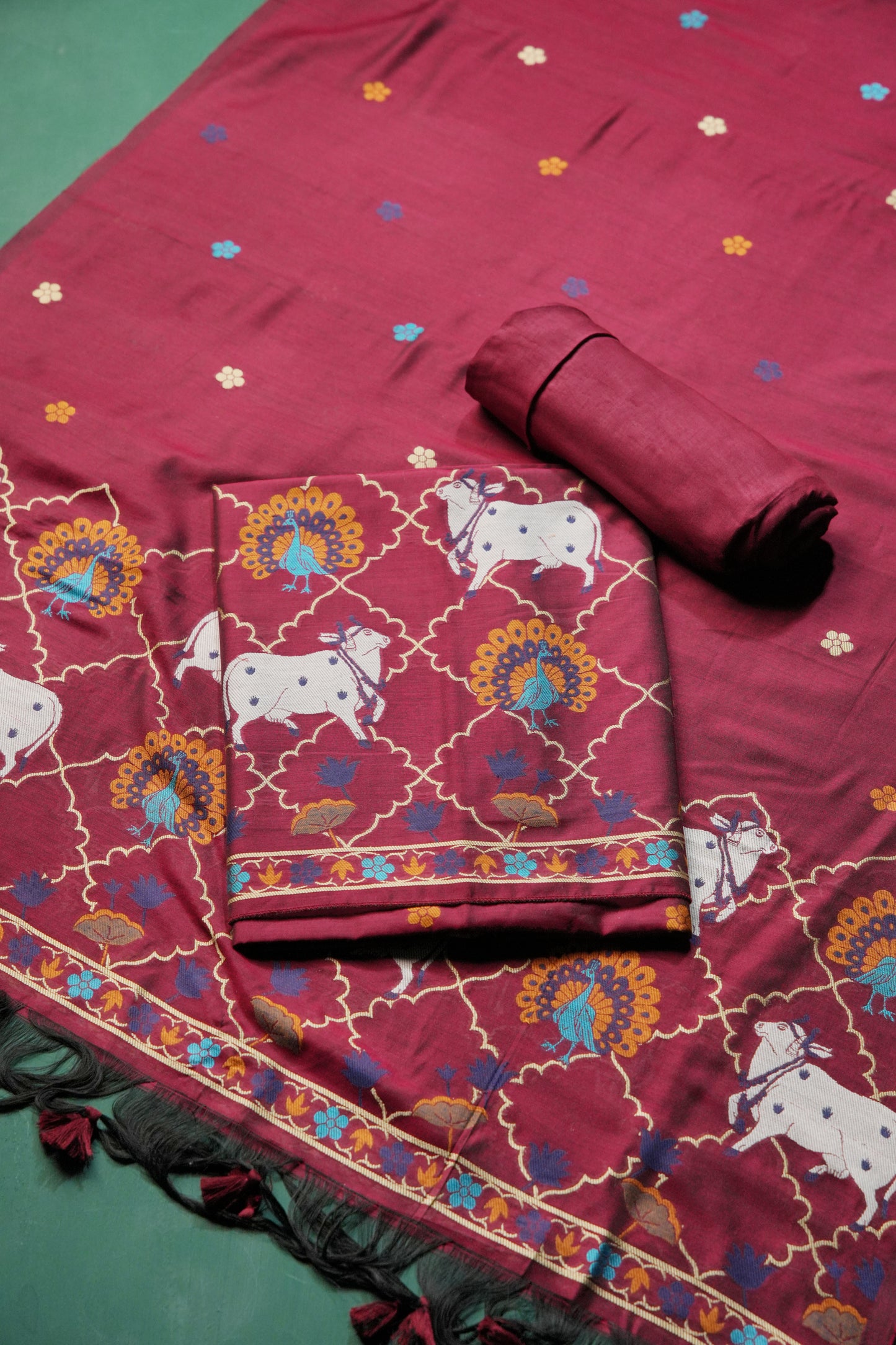 Regal Touch Maroon Red Pichwai Jamdani Soft Cotton Unstitched Suit Set