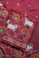 Regal Touch Maroon Red Pichwai Jamdani Soft Cotton Unstitched Suit Set