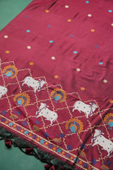 Regal Touch Maroon Red Pichwai Jamdani Soft Cotton Unstitched Suit Set