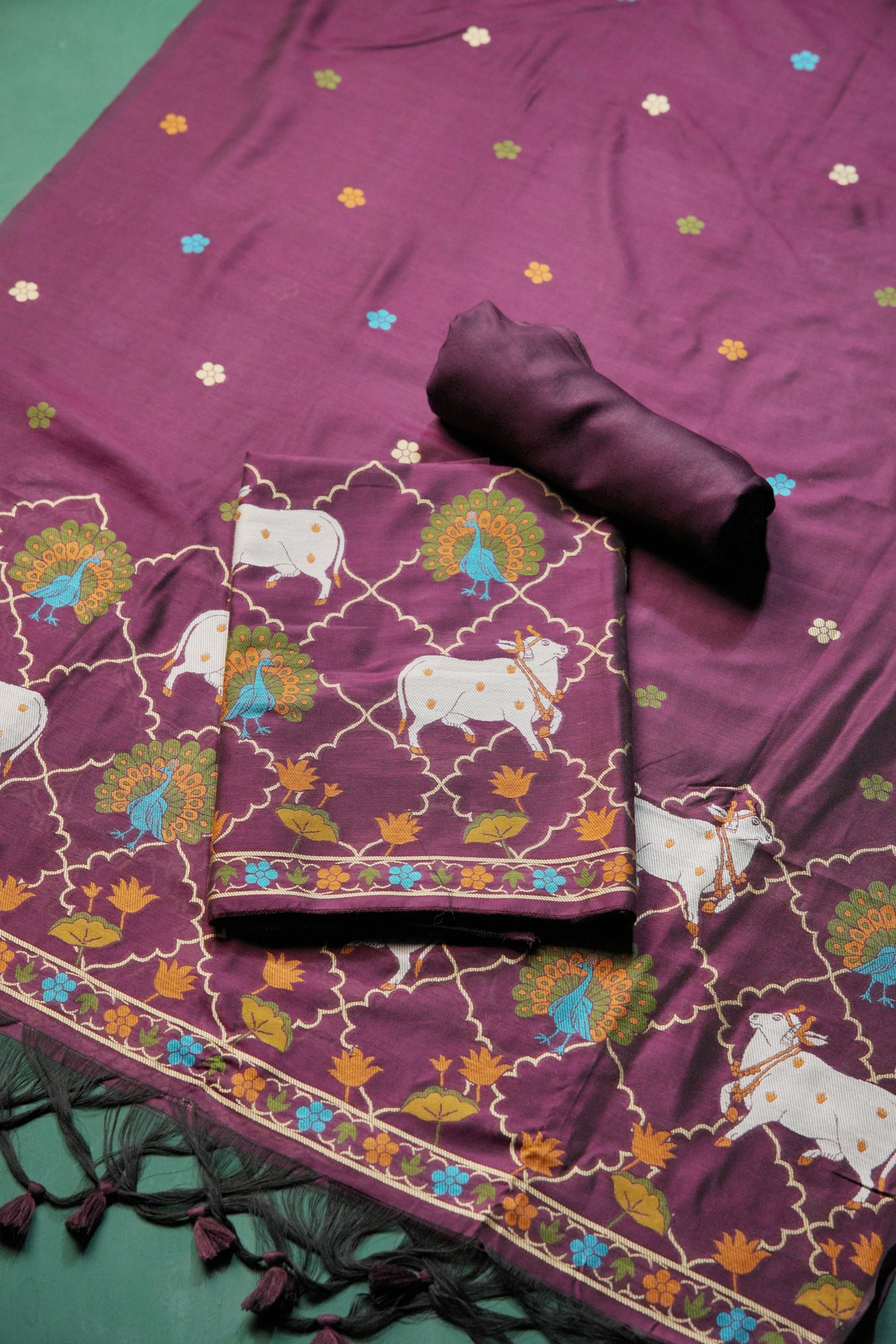 Regal Touch Wine Pichwai Jamdani Soft Cotton Unstitched Suit Set