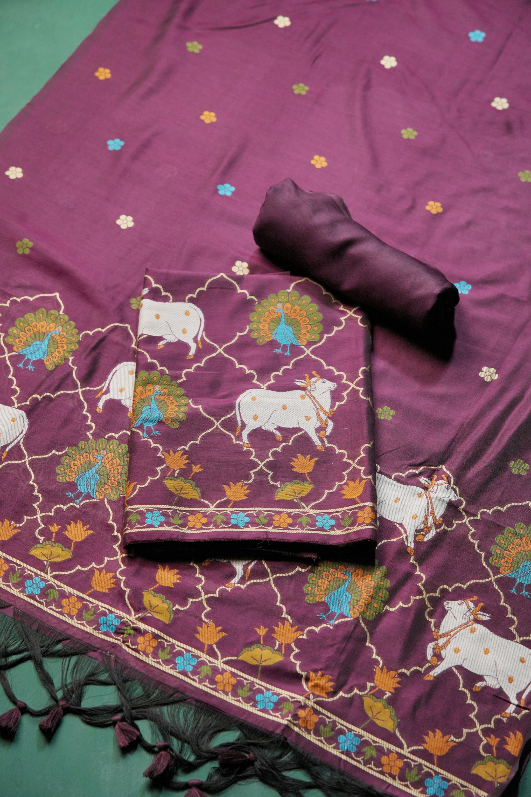 Regal Touch Wine Pichwai Jamdani Soft Cotton Unstitched Suit Set