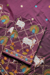 Regal Touch Wine Pichwai Jamdani Soft Cotton Unstitched Suit Set