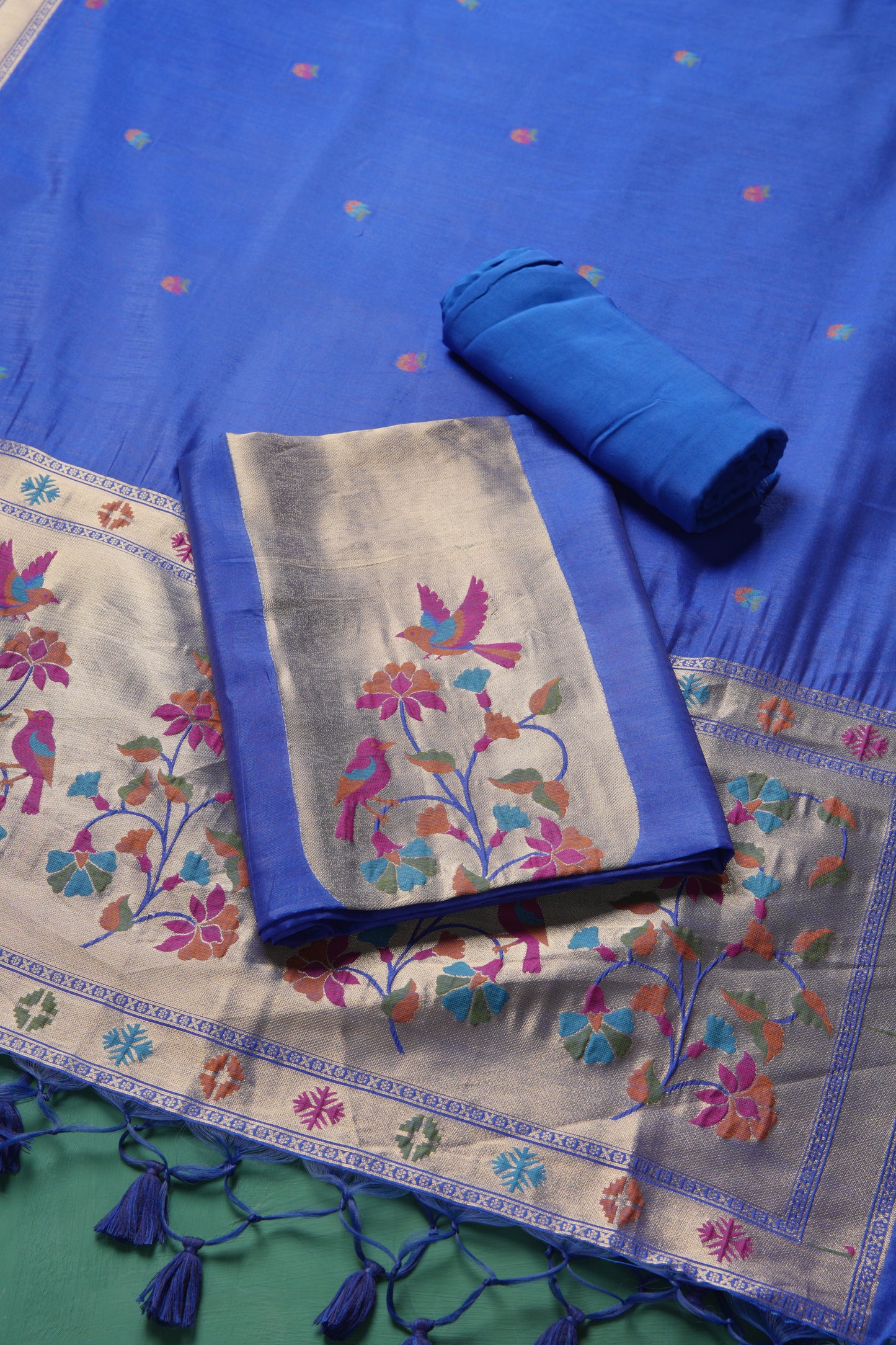 Élan Ethnic Blue Raw Silk Unstitched Suit Set