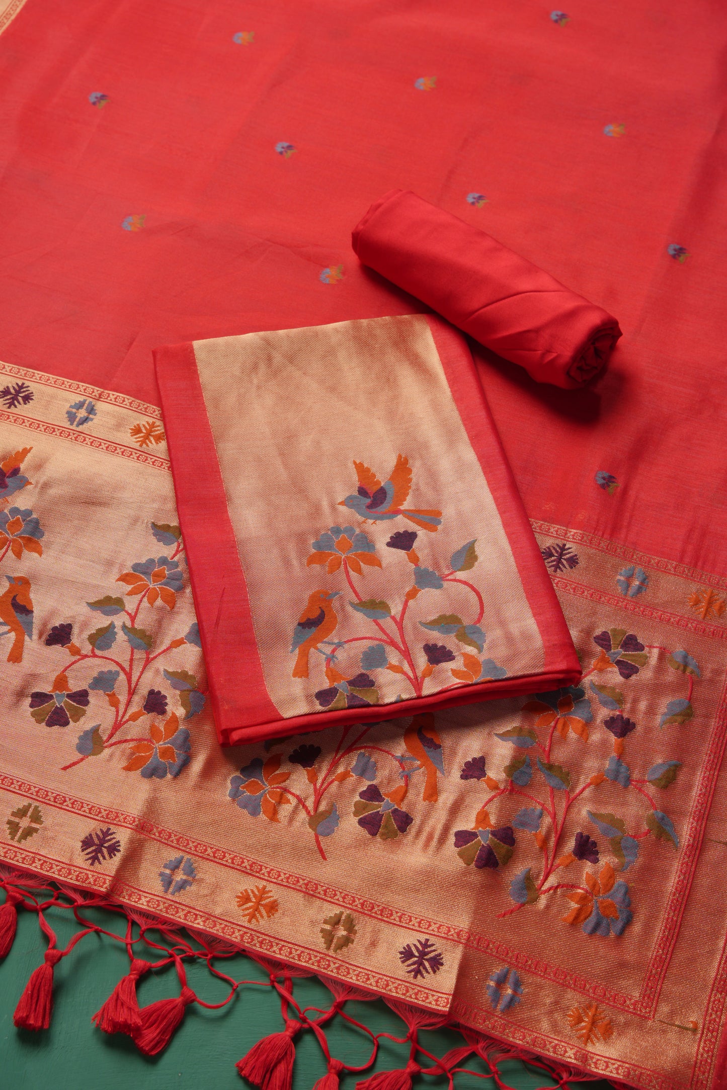 Élan Ethnic Red Raw Silk Unstitched Suit Set