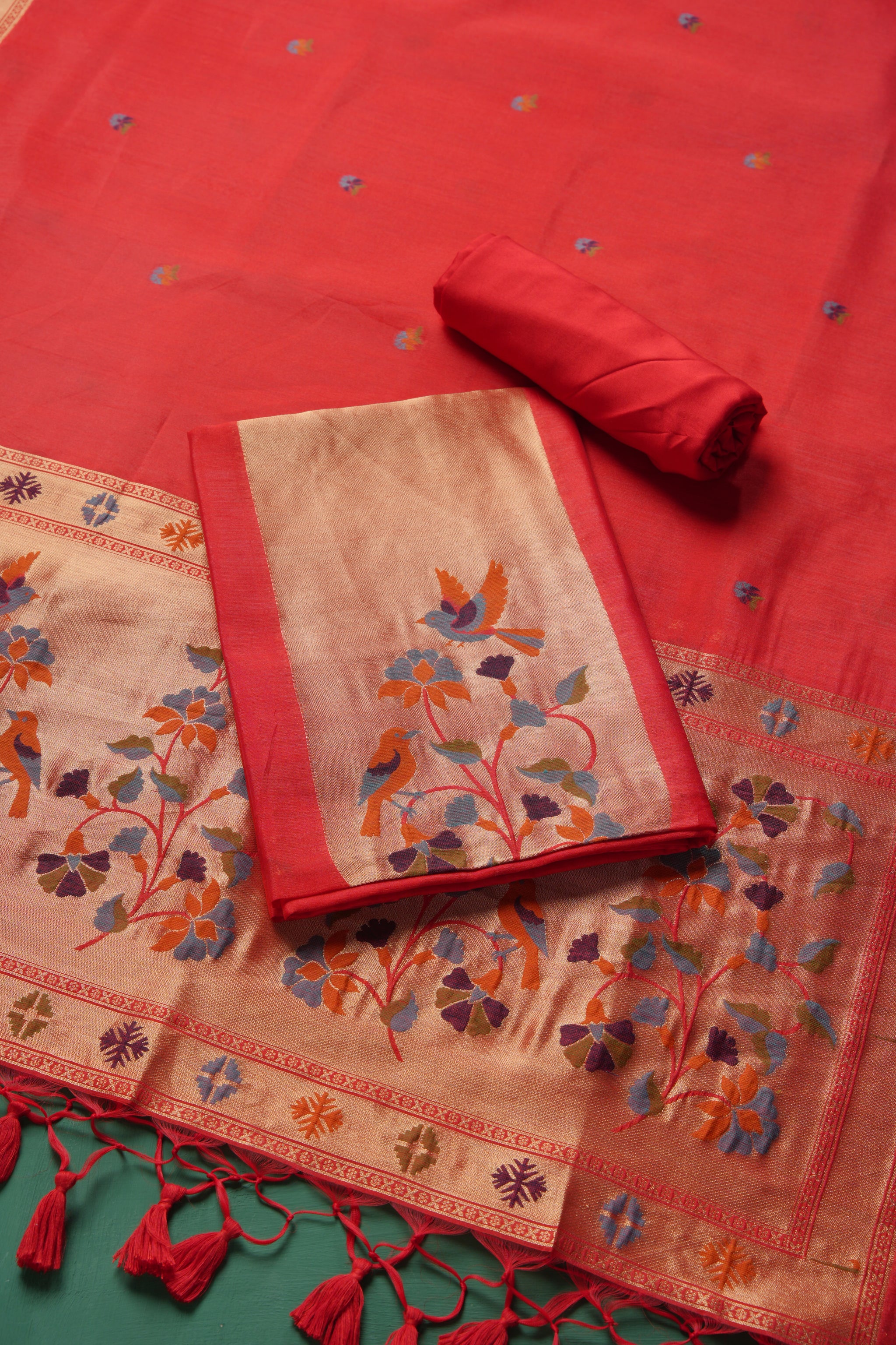 Élan Ethnic Red Raw Silk Unstitched Suit Set