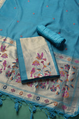 Élan Ethnic Teal Raw Silk Unstitched Suit Set