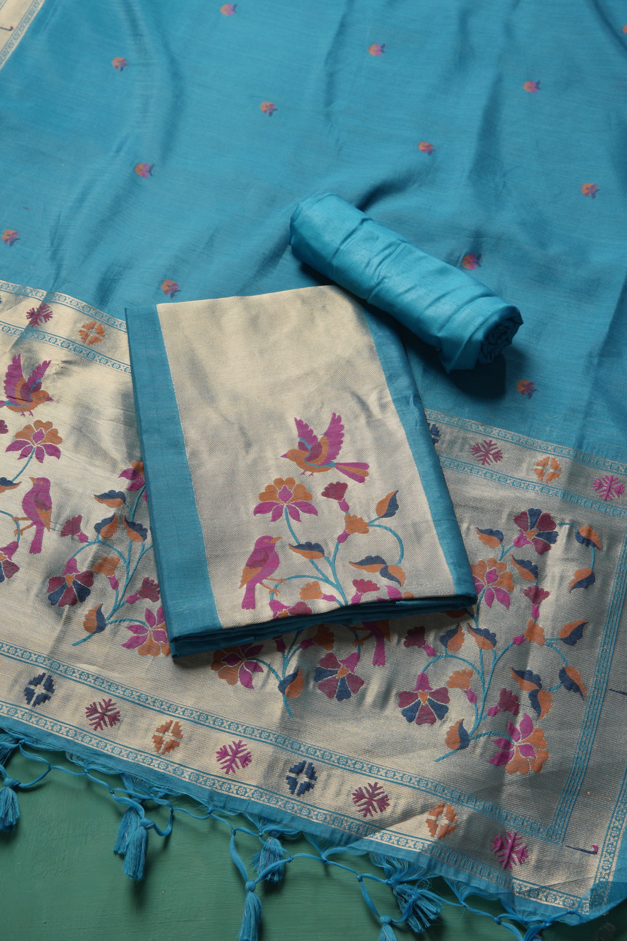 Élan Ethnic Teal Raw Silk Unstitched Suit Set