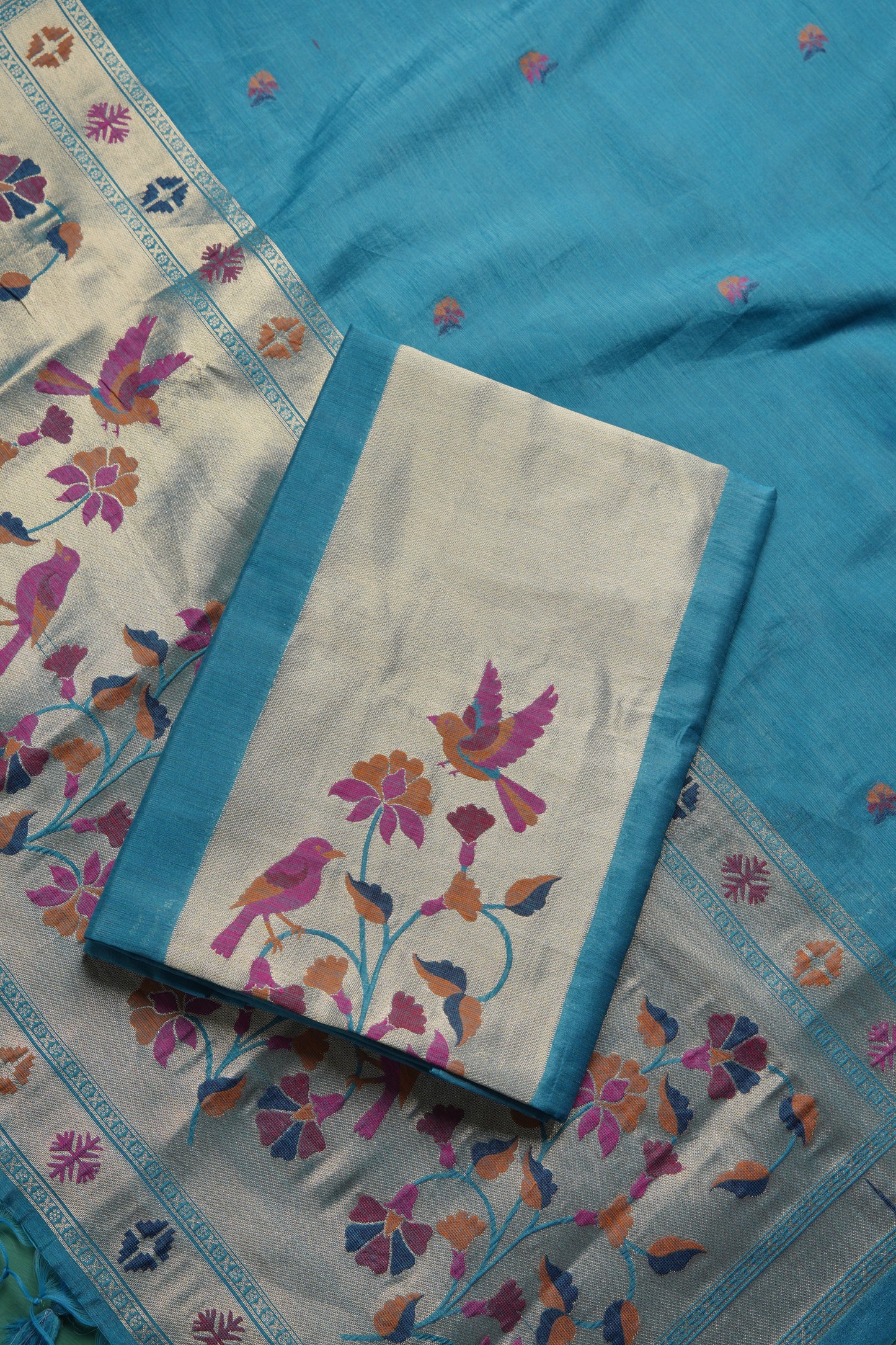 Élan Ethnic Teal Raw Silk Unstitched Suit Set