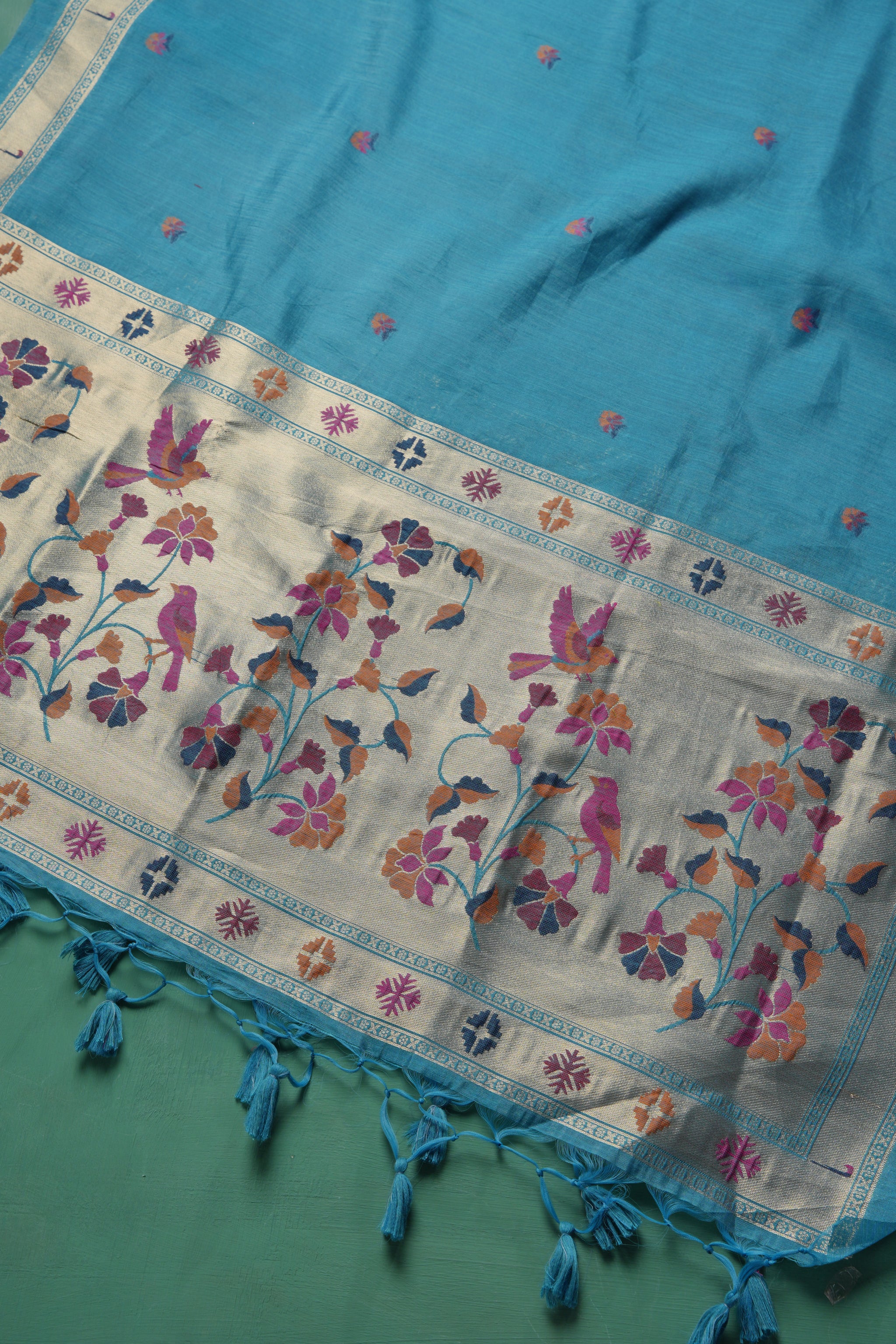Élan Ethnic Teal Raw Silk Unstitched Suit Set