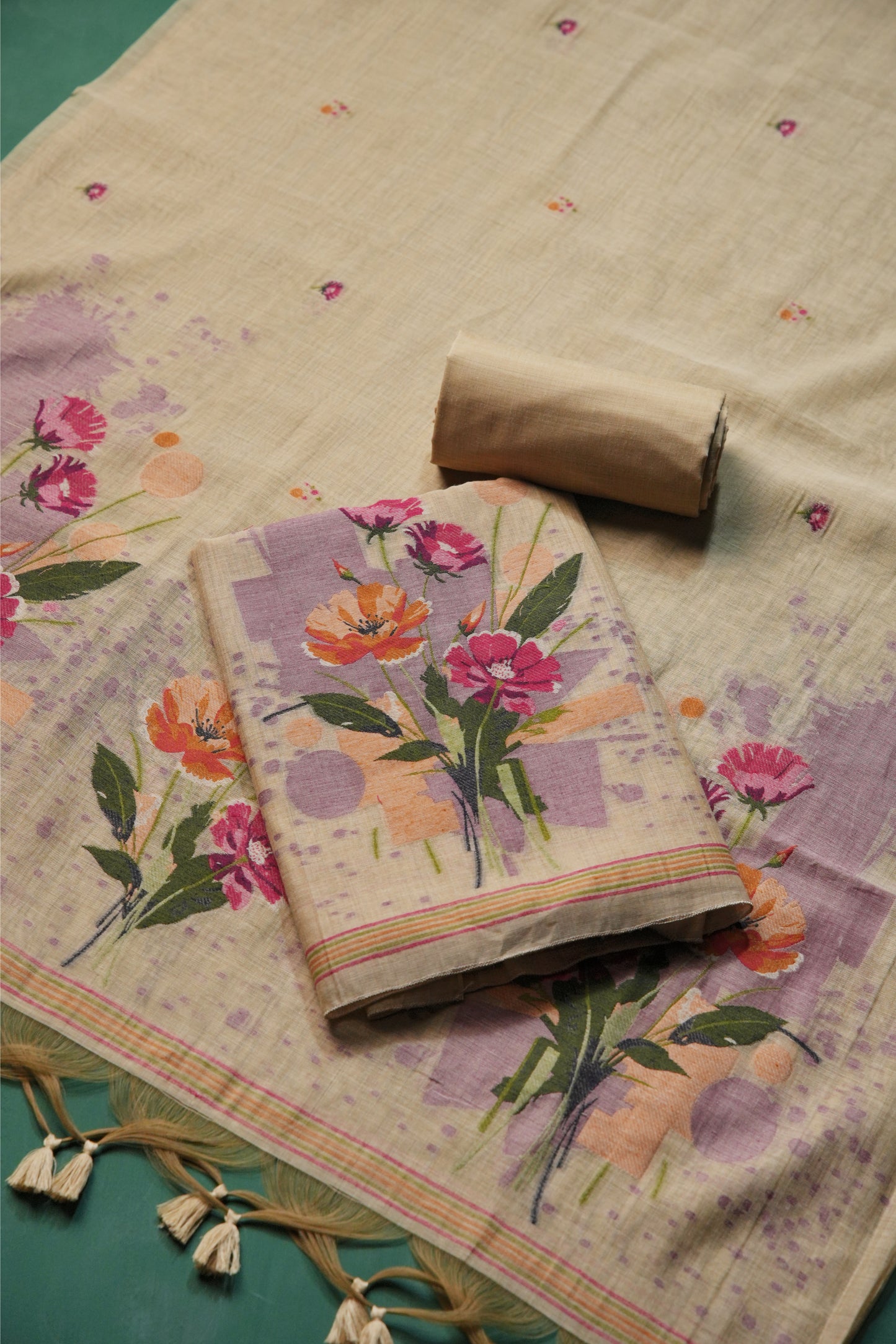 Blush Fabric Beige Muga Cotton Unstitched Suit Set