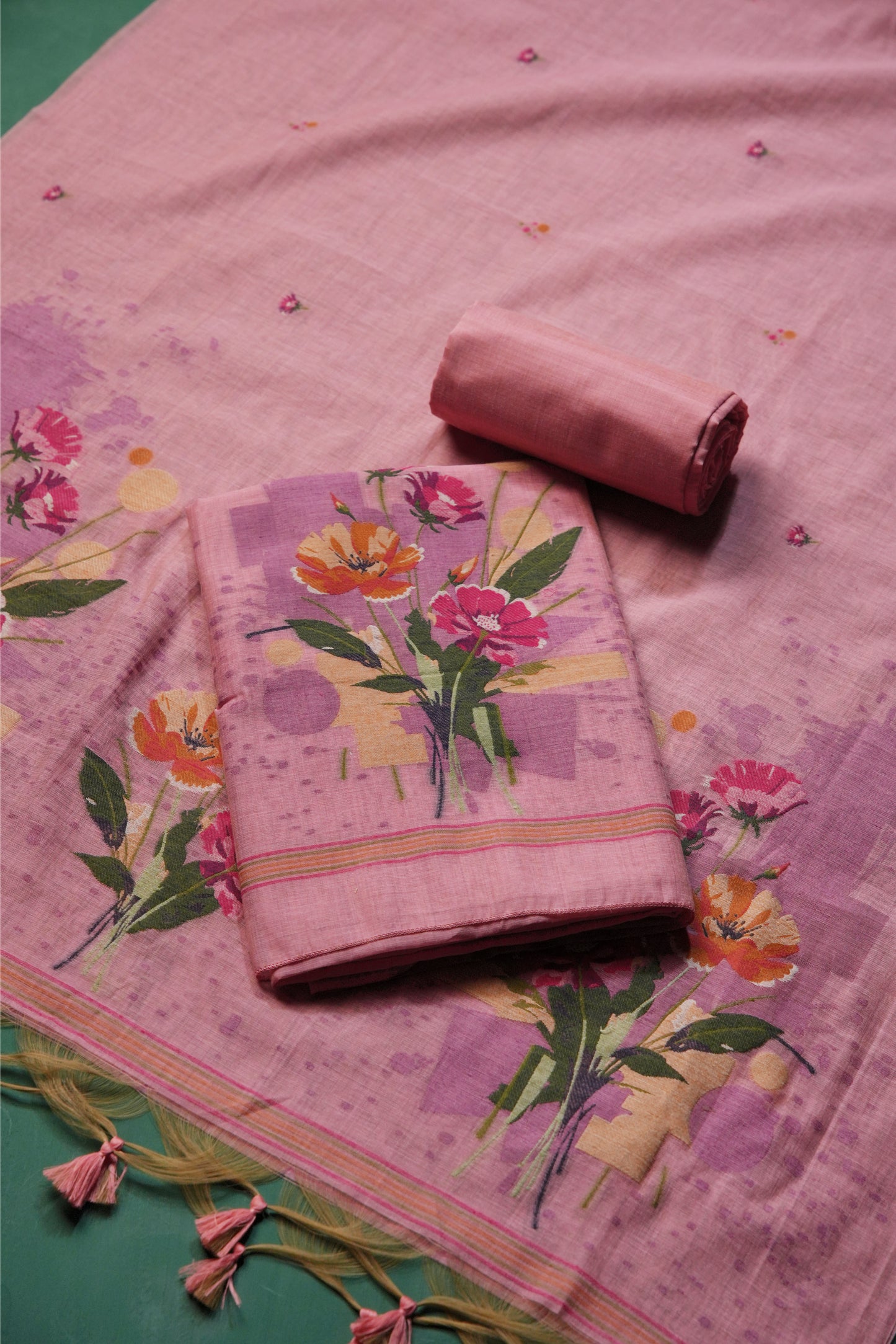 Blush Fabric Pink Muga Cotton Unstitched Suit Set