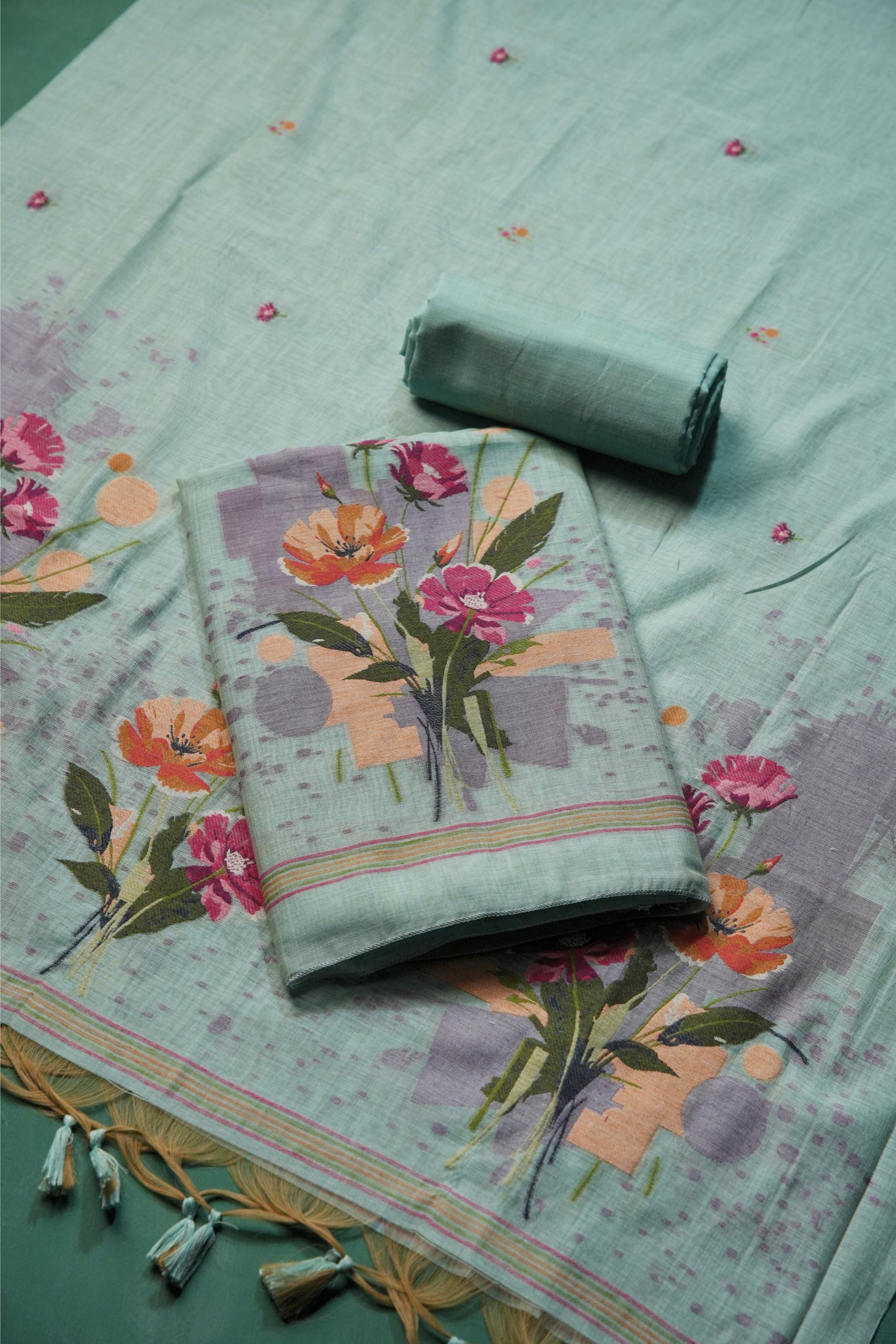 Blush Fabric Blue Muga Cotton Unstitched Suit Set