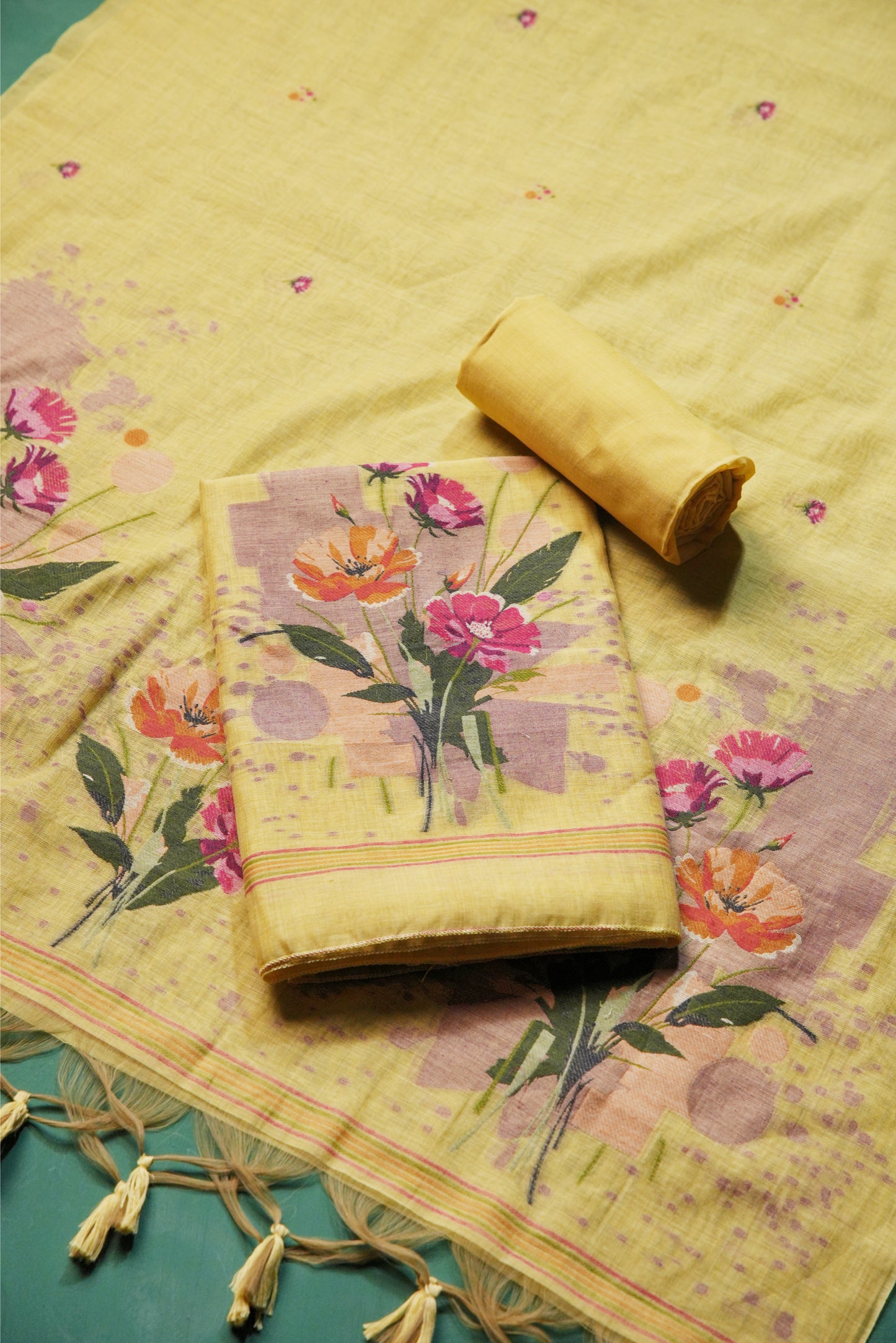 Blush Fabric Yellow Muga Cotton Unstitched Suit Set