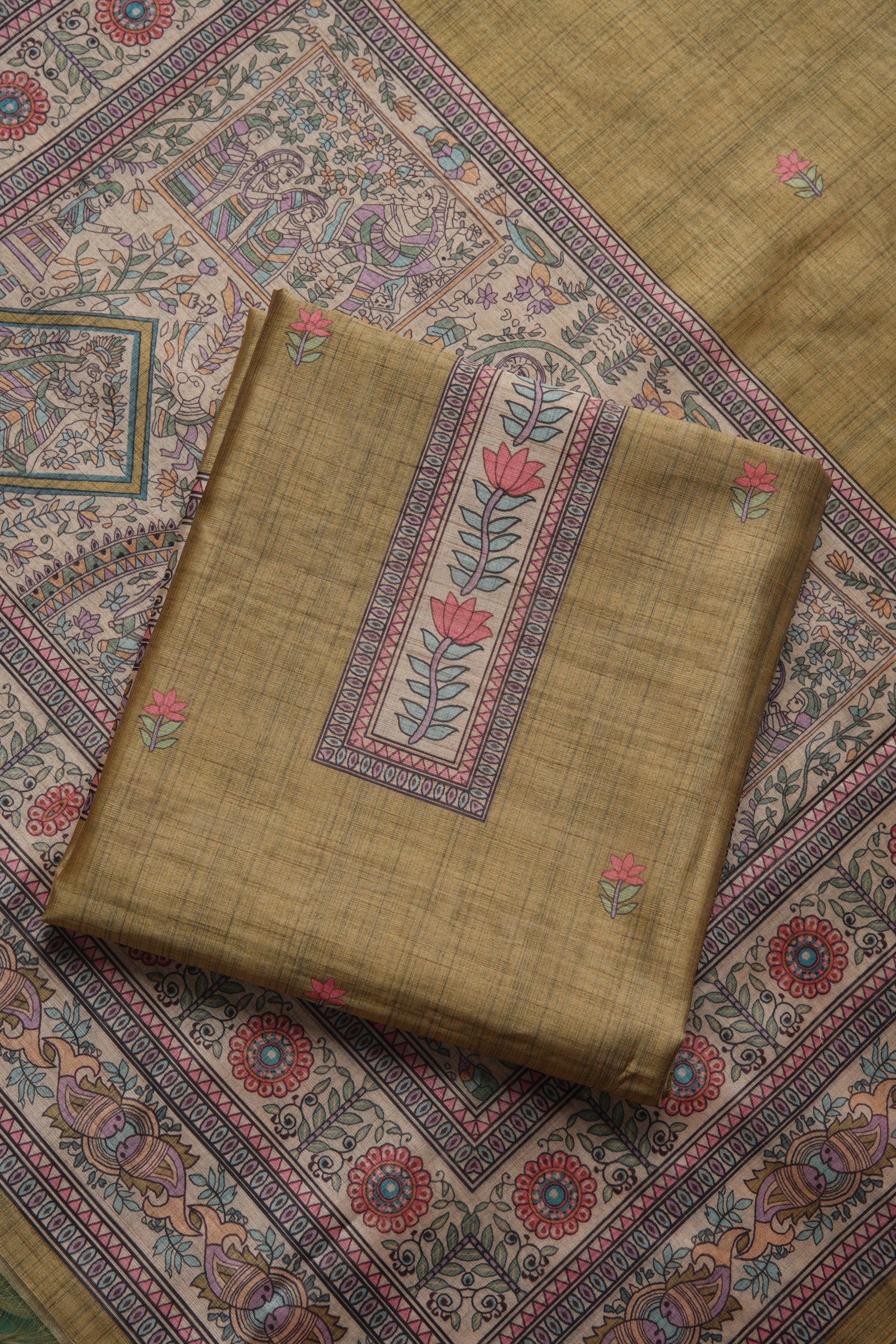 Celestique Green Tussar Unstitched Suit Set