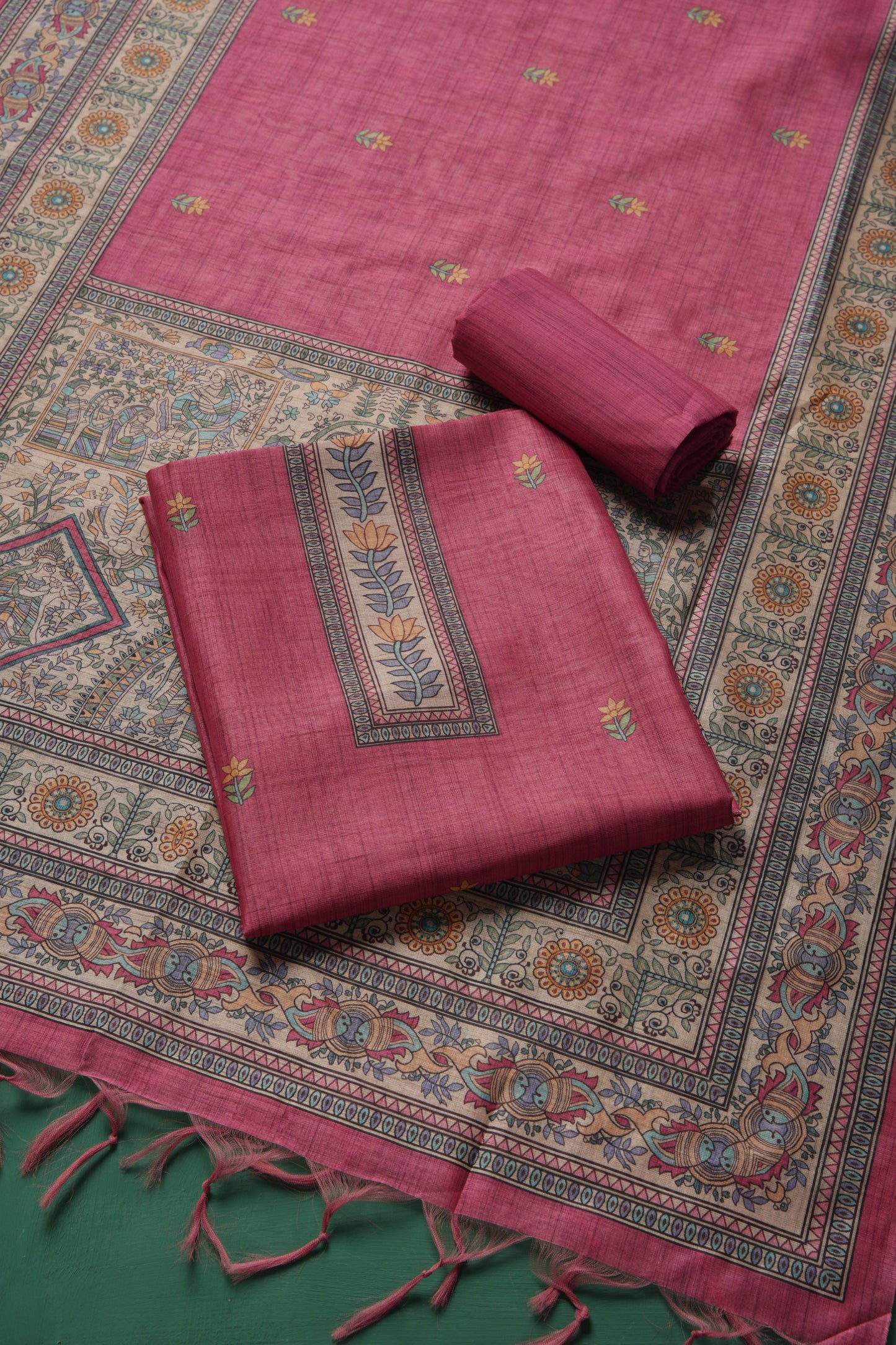 Celestique Pink Tussar Unstitched Suit Set