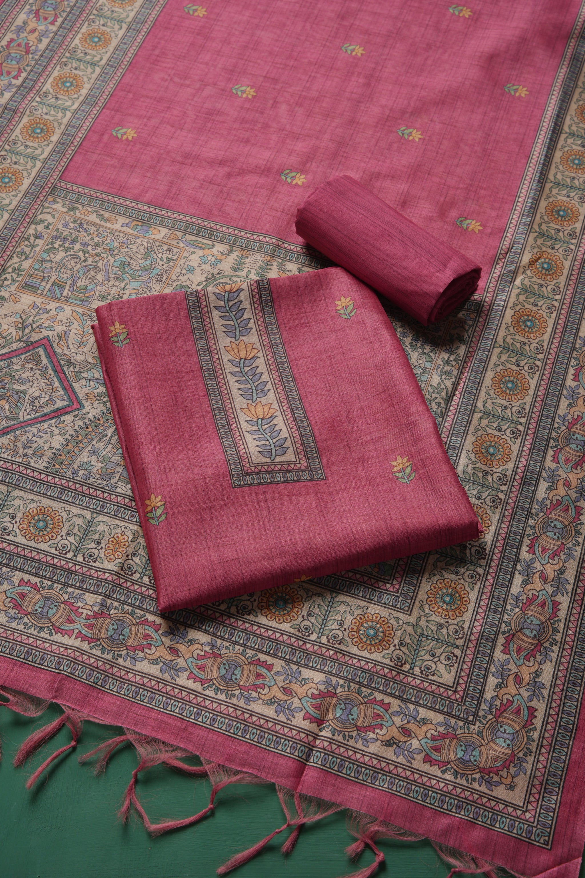 Celestique Pink Tussar Unstitched Suit Set