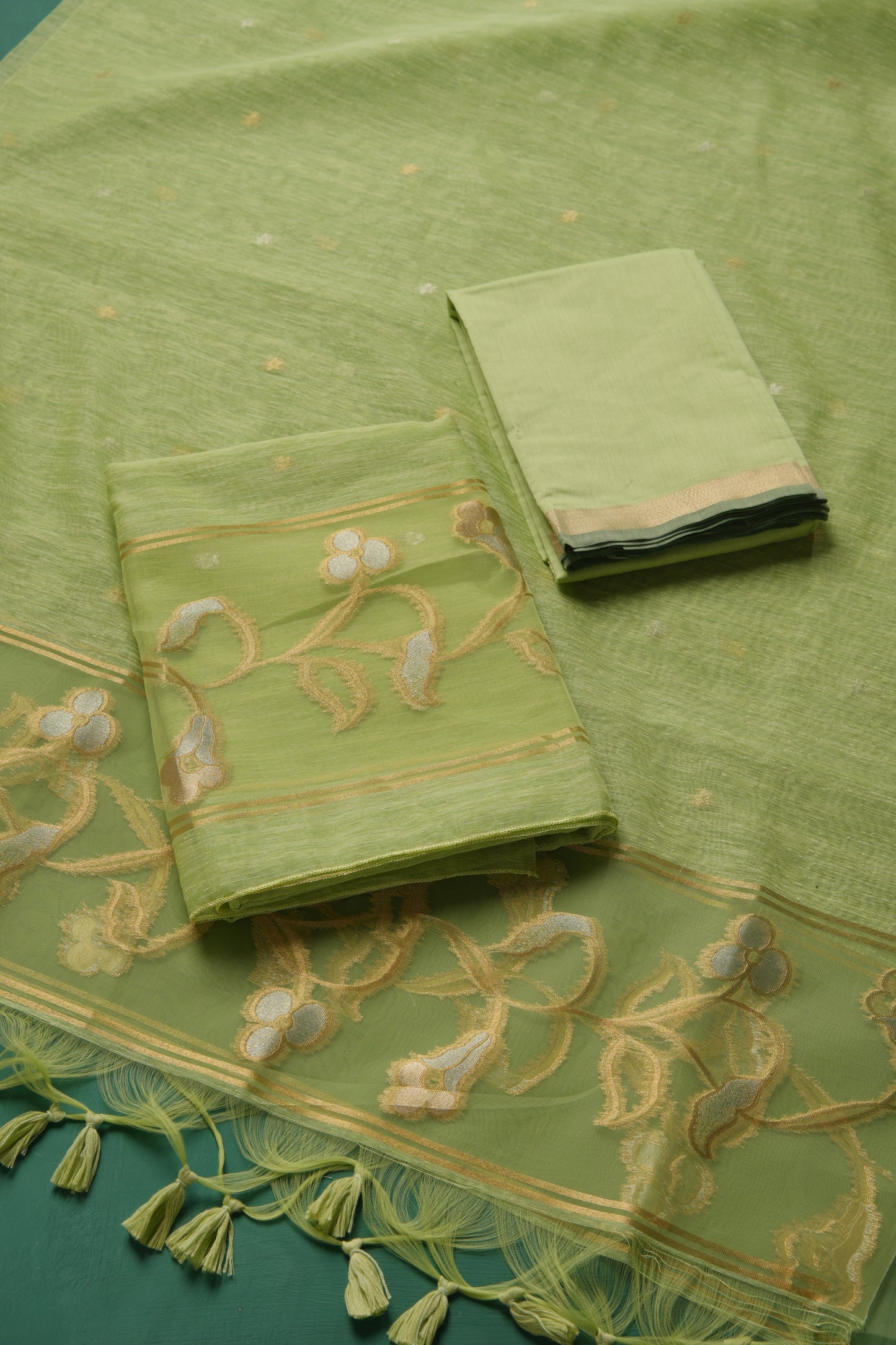 Silk & Sage Green Muga Silk Unstitched Suit Set