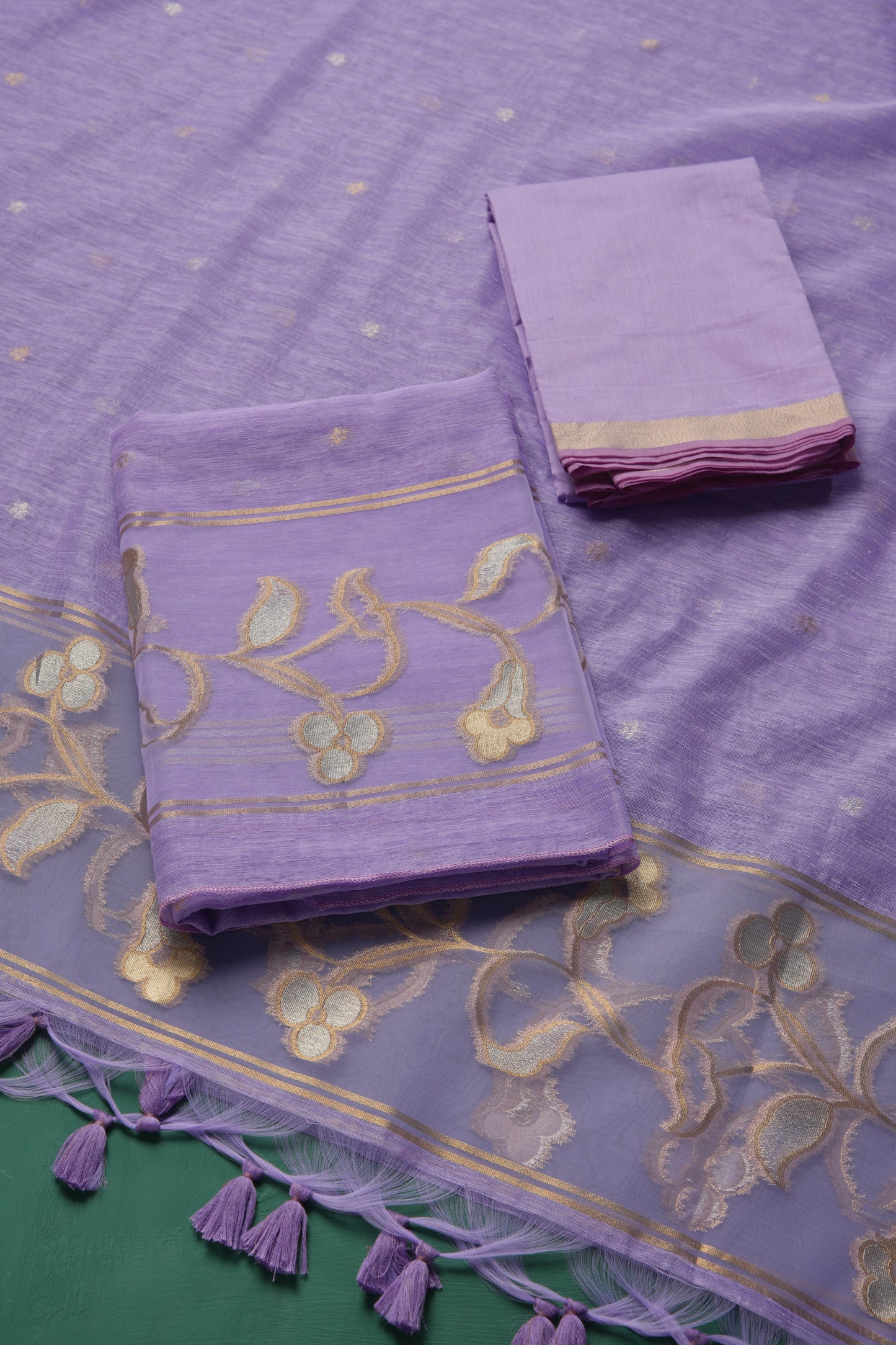 Silk & Sage Lavender Muga Silk Unstitched Suit Set