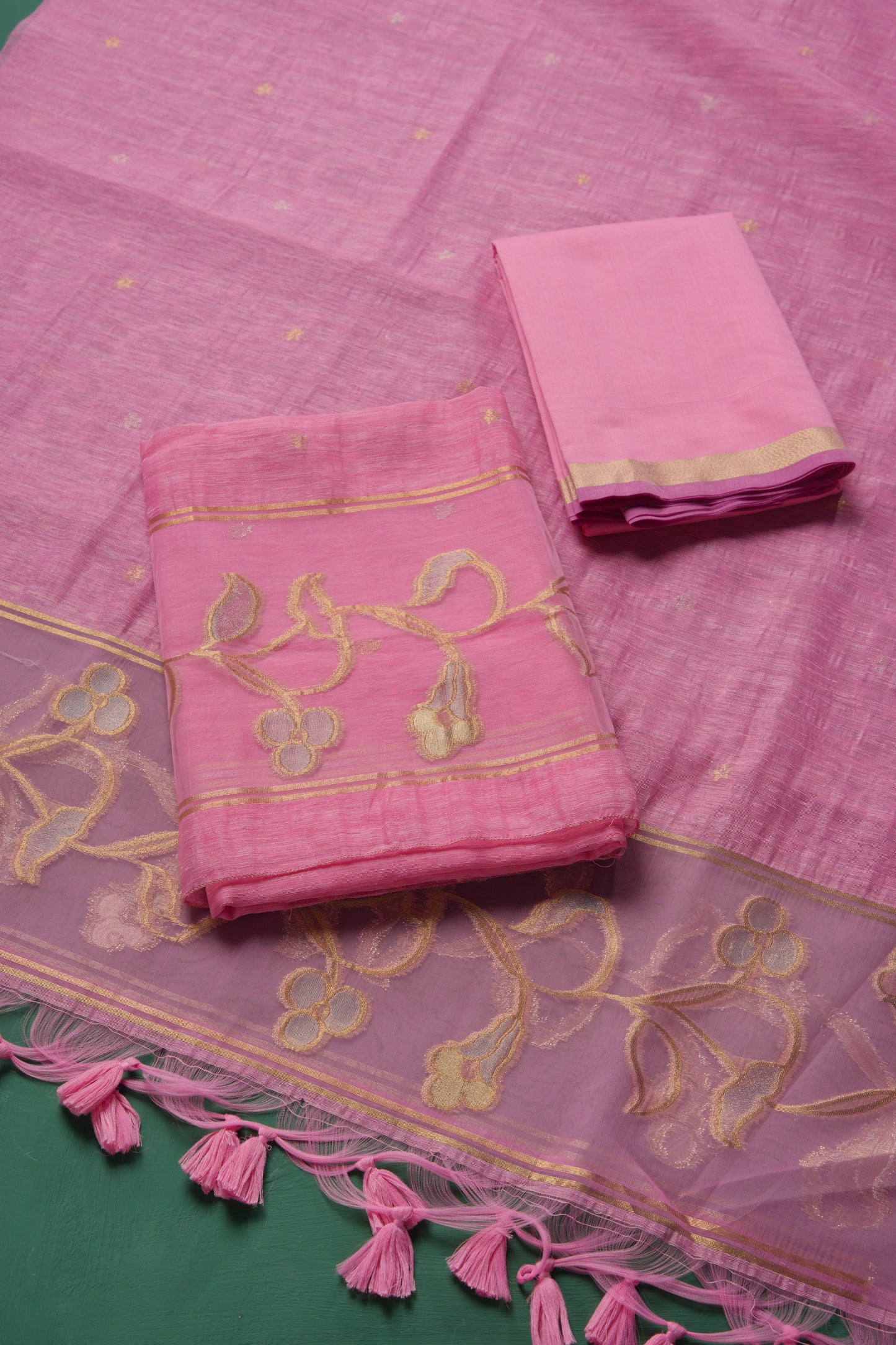 Silk & Sage Pink Muga Silk Unstitched Suit Set