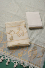 Silk & Sage White Muga Silk Unstitched Suit Set