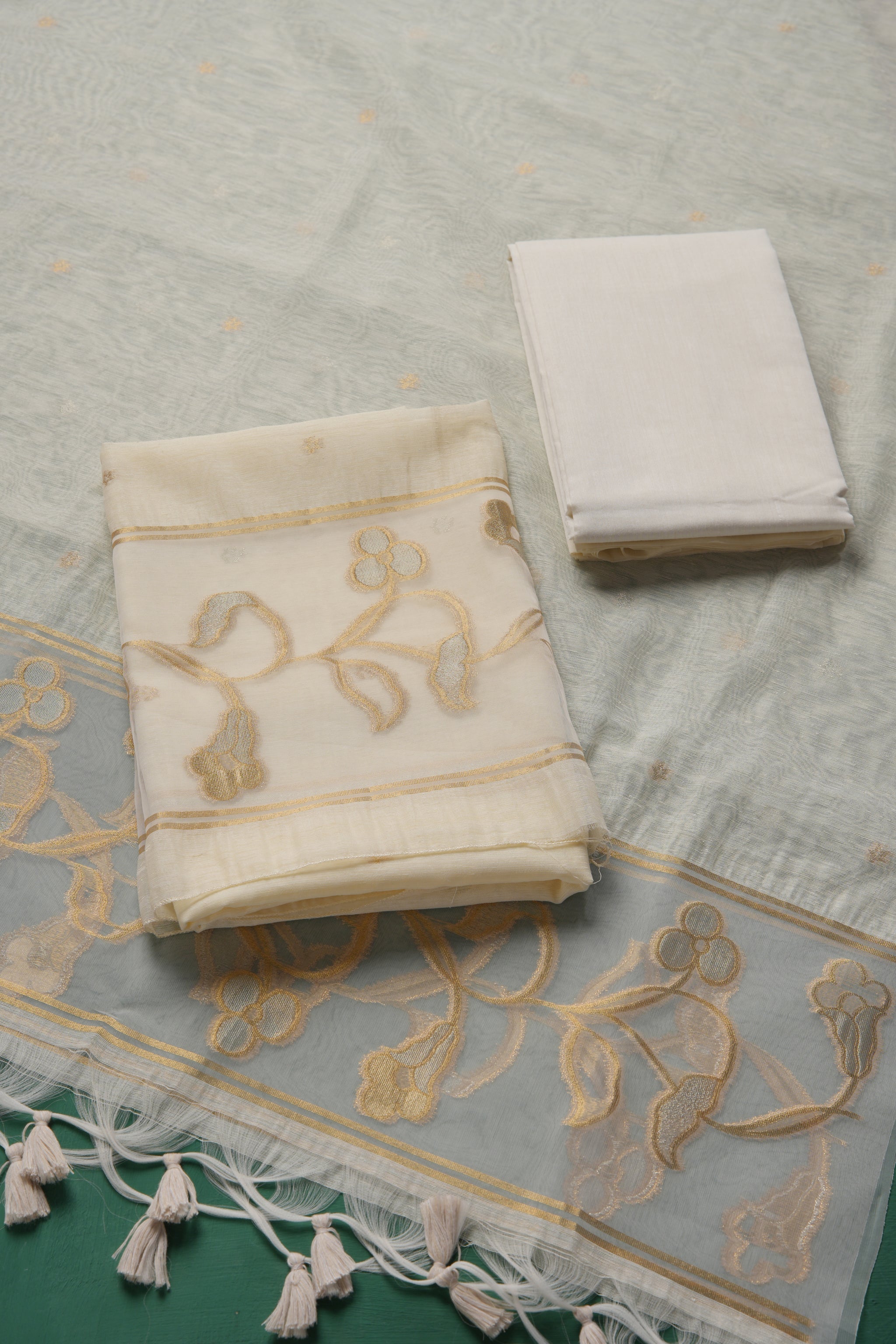 Silk & Sage White Muga Silk Unstitched Suit Set