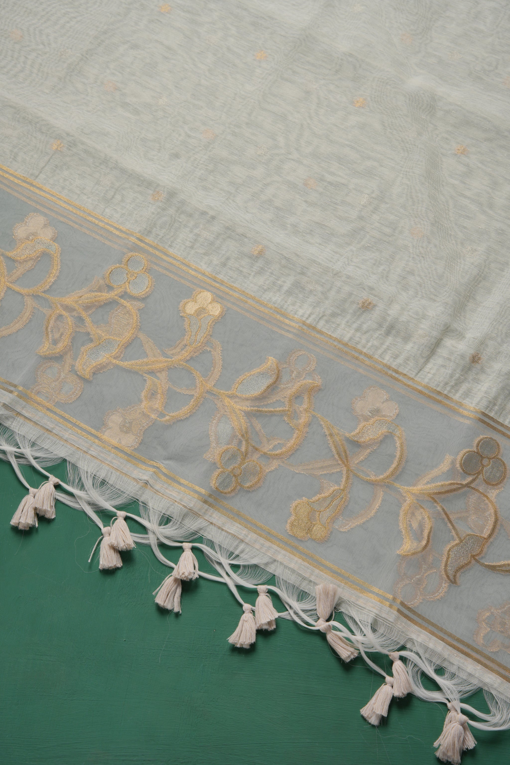 Silk & Sage White Muga Silk Unstitched Suit Set