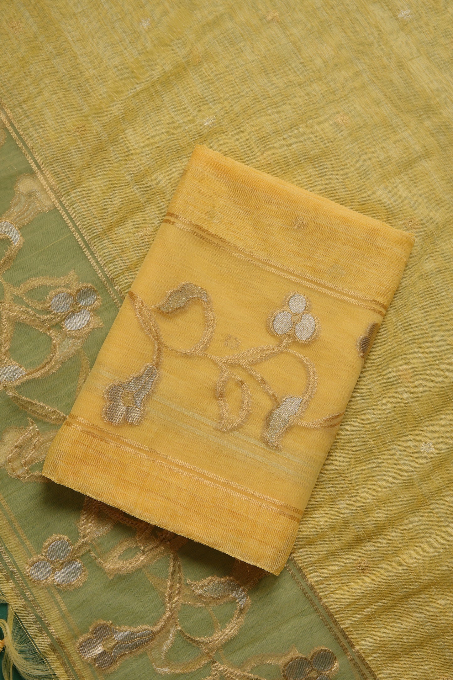 Silk & Sage Yellow Muga Silk Unstitched Suit Set