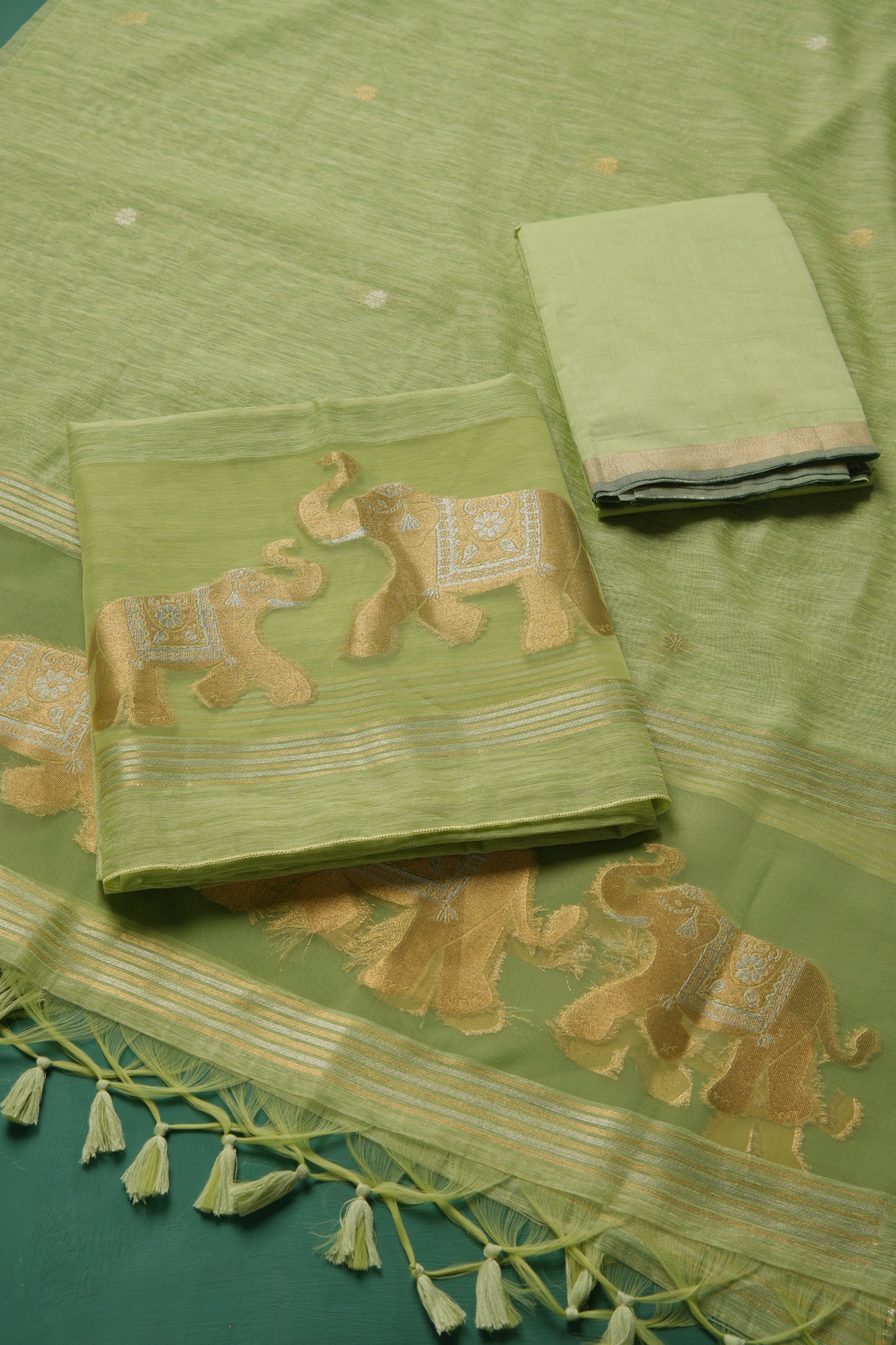 Pastel Threads Green Muga Silk Unstitched Suit Set