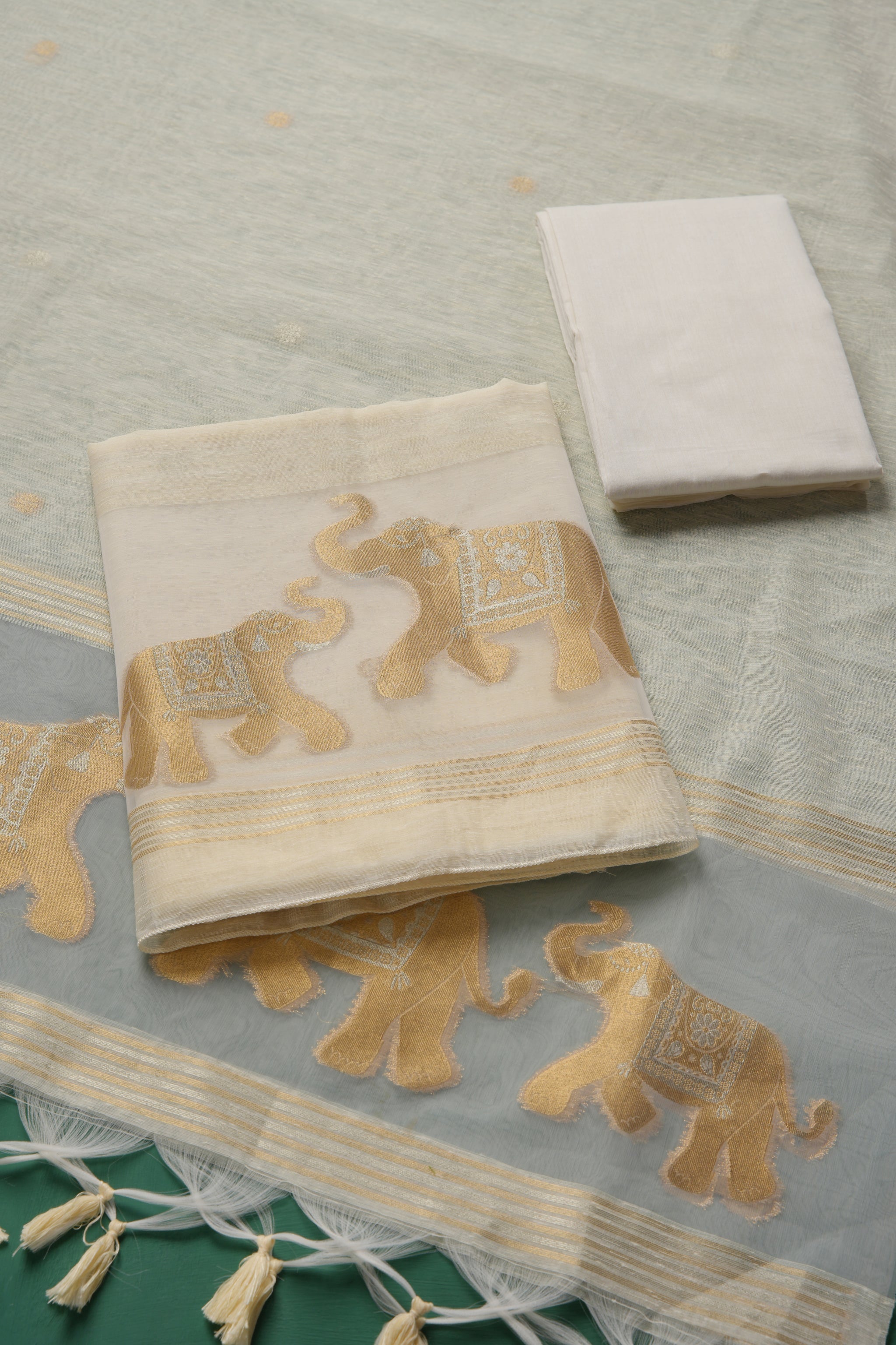 Pastel Threads White Muga Silk Unstitched Suit Set