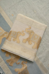 Pastel Threads White Muga Silk Unstitched Suit Set