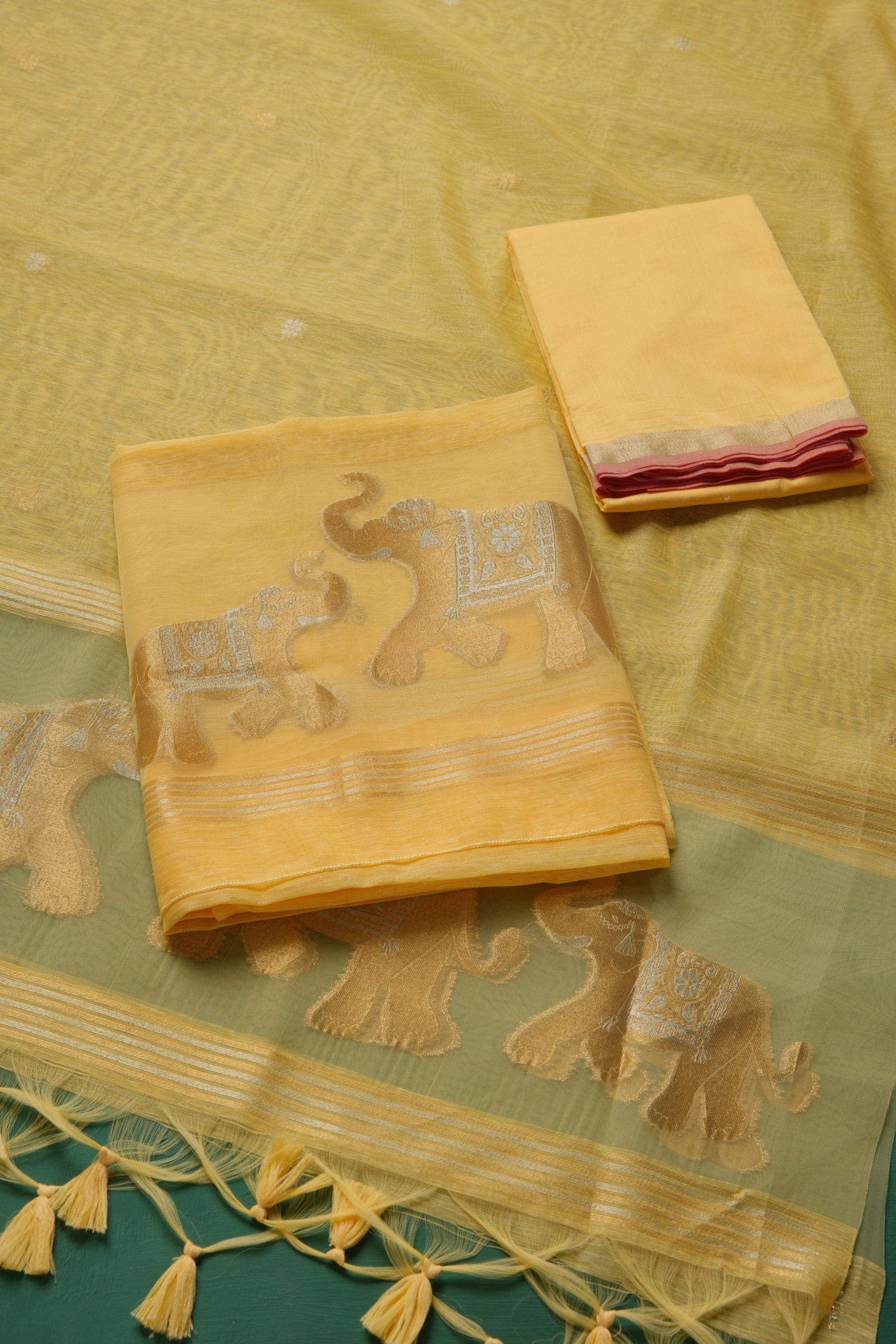 Pastel Threads Yellow Muga Silk Unstitched Suit Set