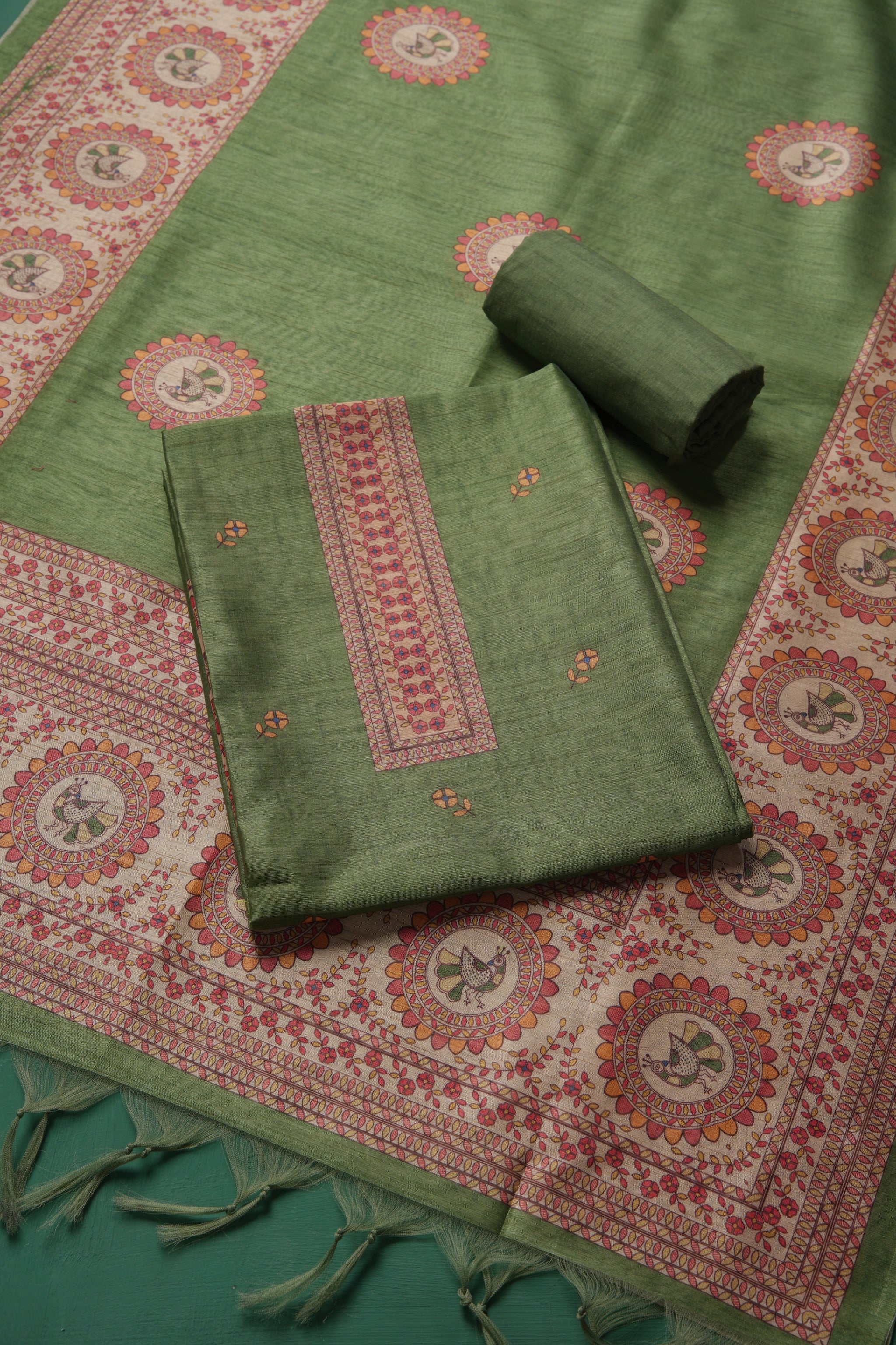 Casa Loom Green Tussar Unstitched Suit Set