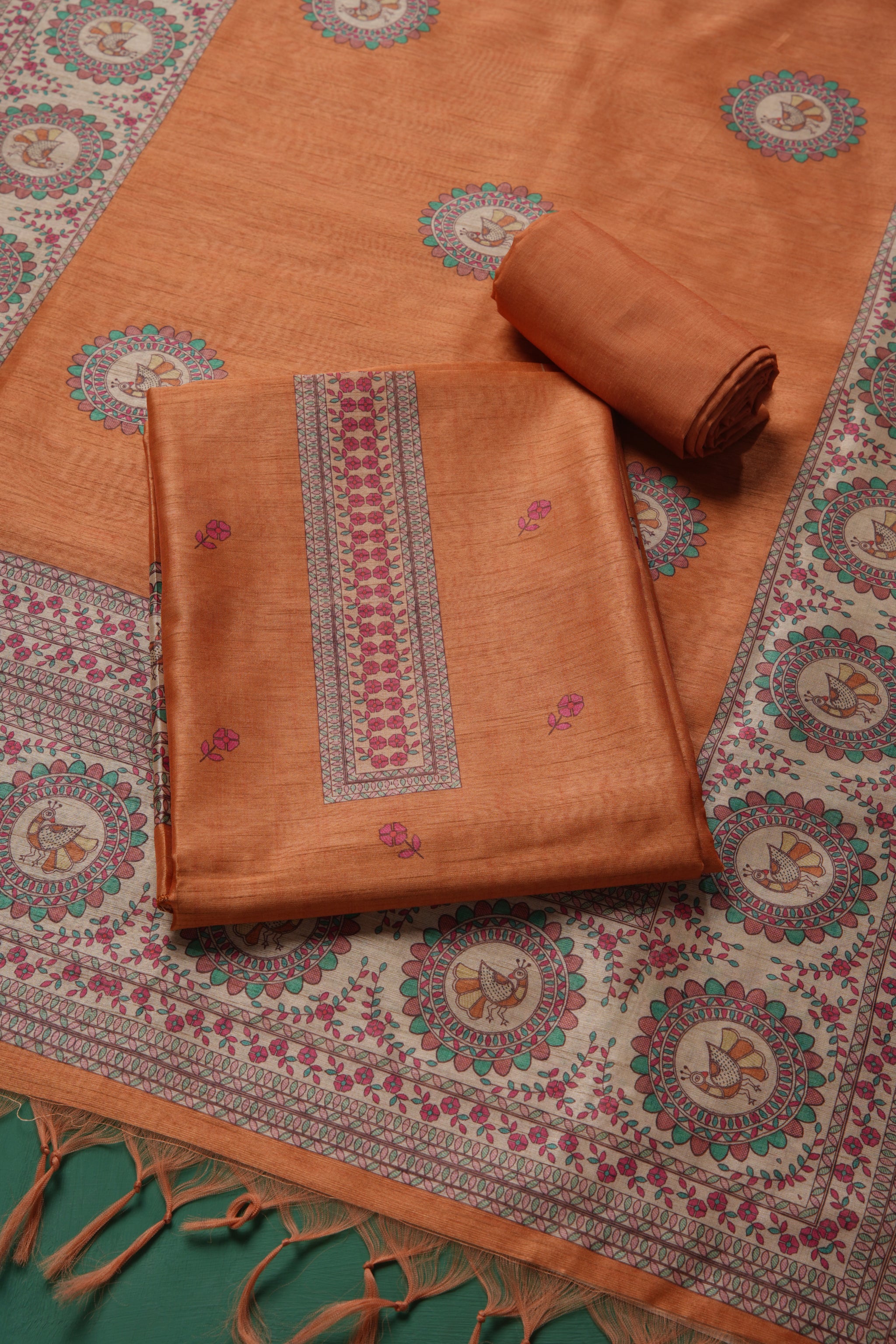 Casa Loom Rust Orange Tussar Unstitched Suit Set