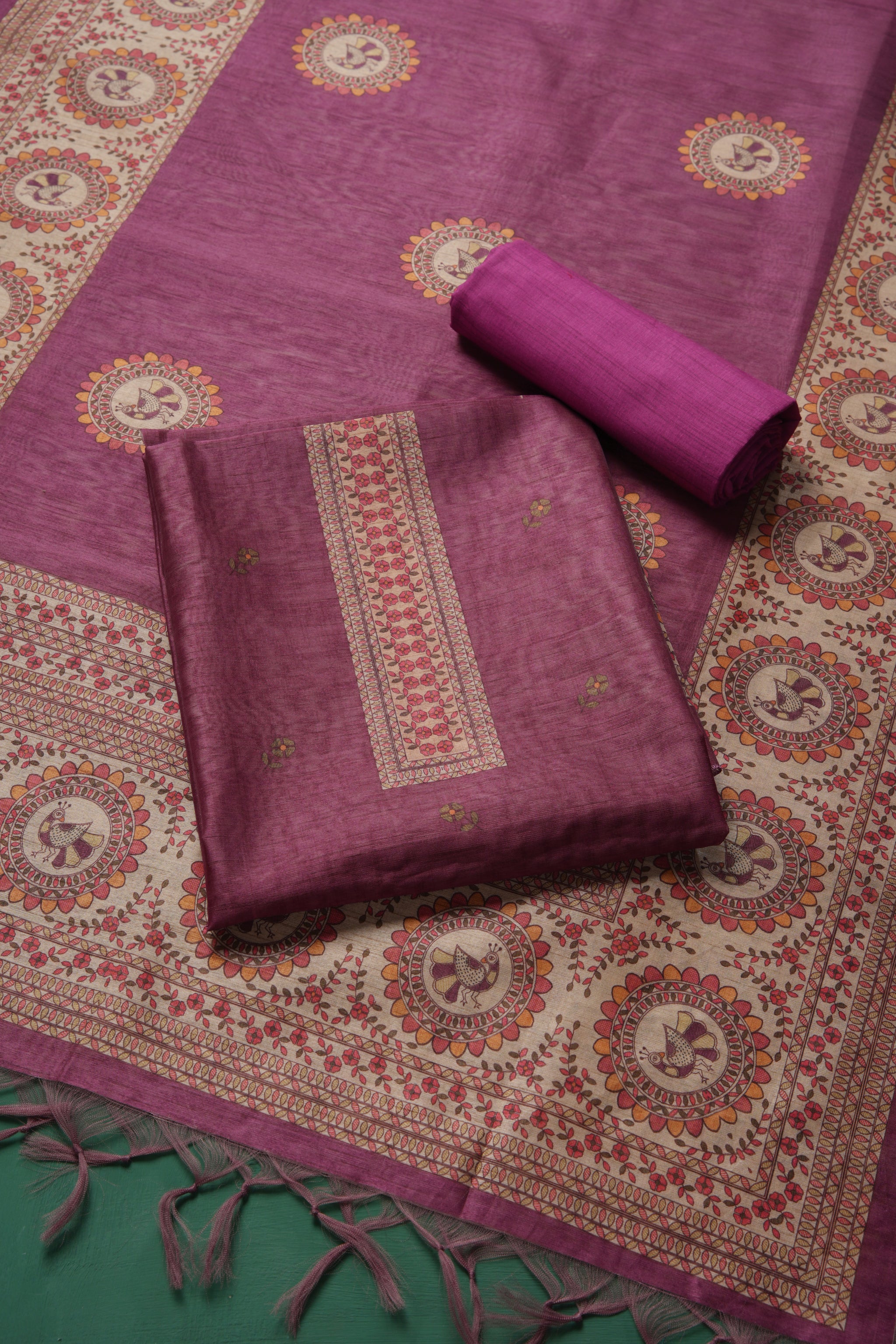 Casa Loom Wine Tussar Unstitched Suit Set