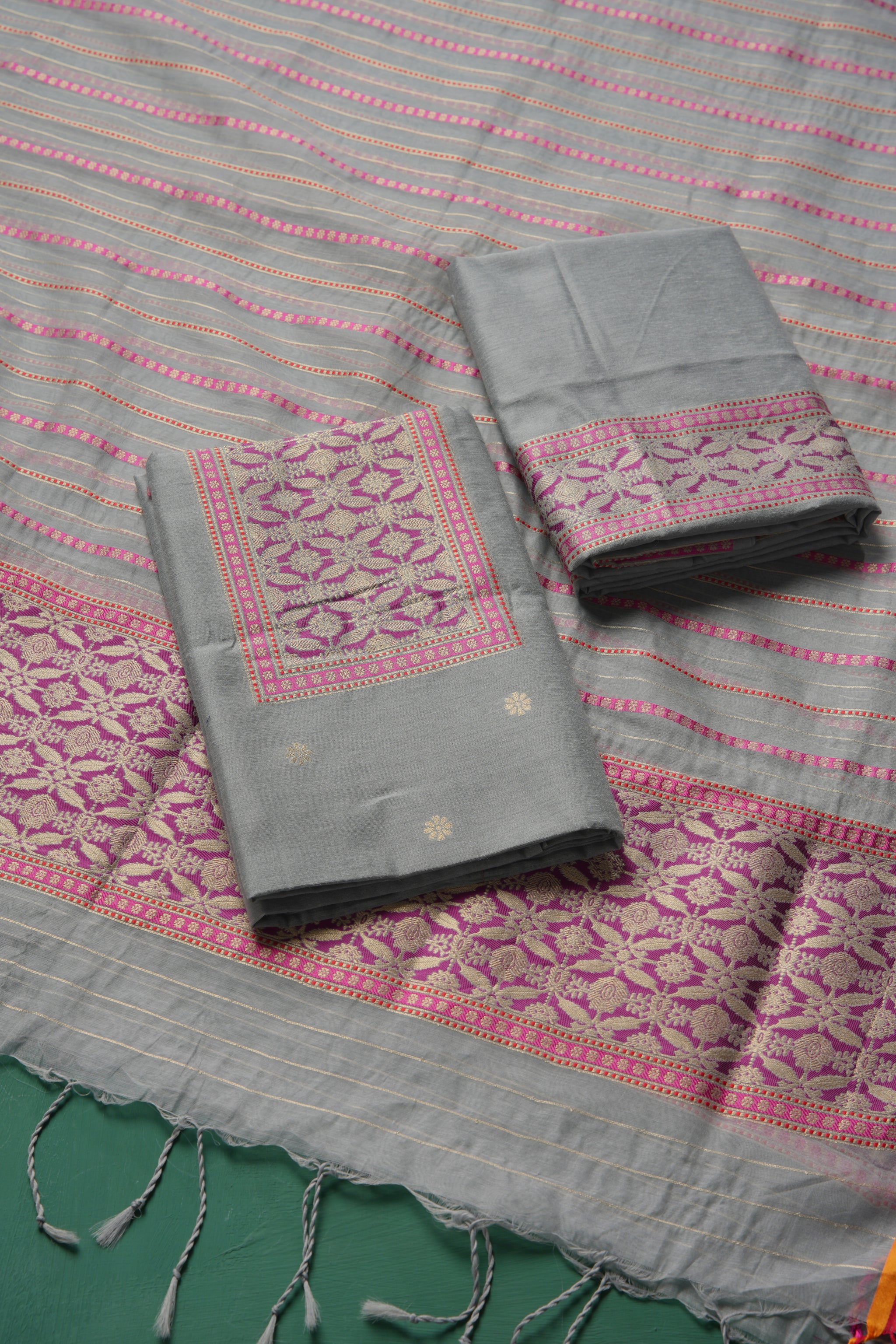 Velisse Grey Raw Silk Unstitched Suit Set