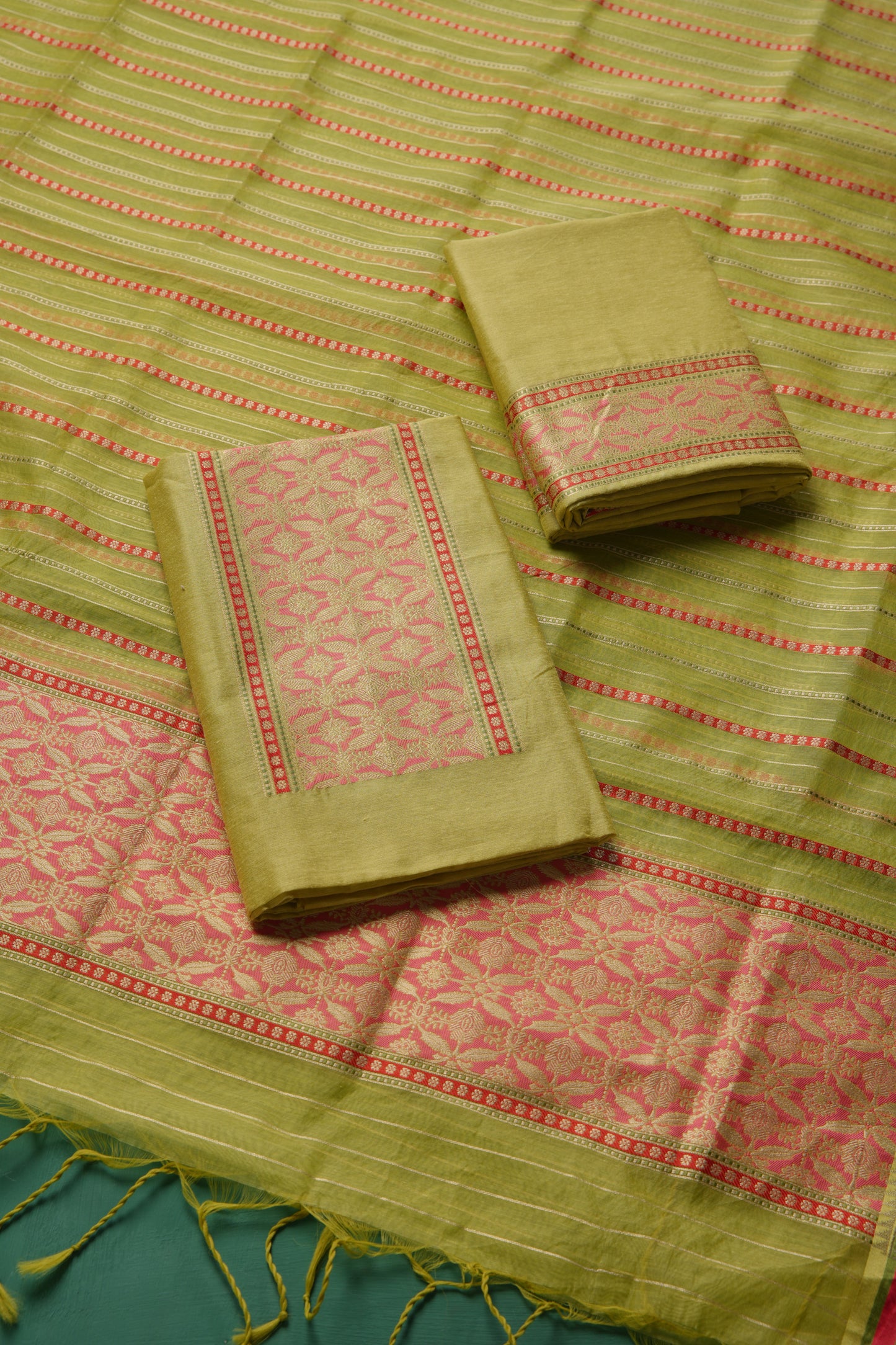 Velisse Pista Green Raw Silk Unstitched Suit Set